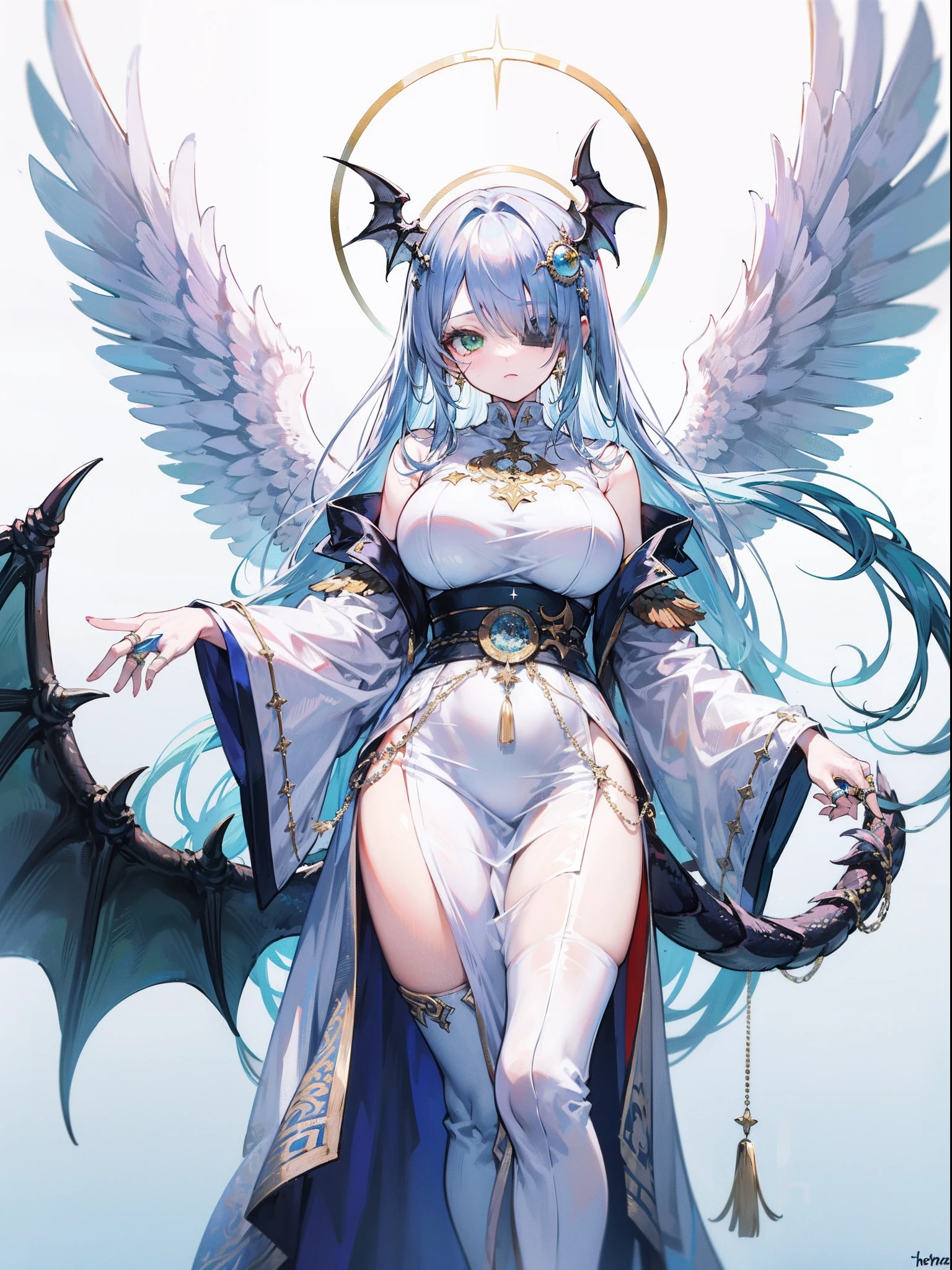 Monster angels that look sacred，His eyes are waiting for heterochromia，His whole body consists of a huge one-eyed eye，and a metal ring around one eye，The ring is crawling with the eyeball，The dragon has many wings on the white holy angel