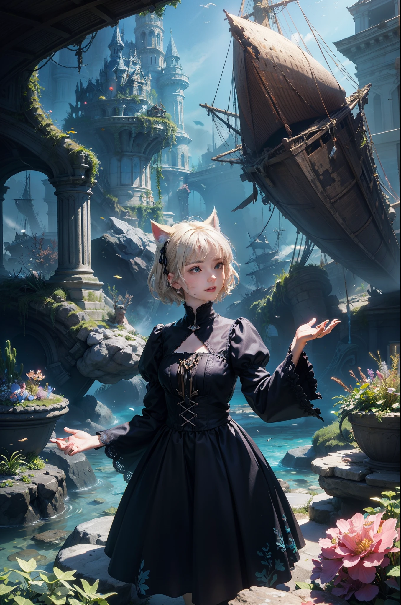 top-quality、high-detail、​masterpiece、Leyendecker's style、Fantasy 3D、Ultra wide angle high angle、Aqua Garden、Nordic beautiful girl、Smirking expression、Pretty small face、Light makeup、Cat's ears、Platinum blonde short hair、Medium chest、big butts、alchemist、Holding a magic wand in both hands、Gothic dress with long sleeves、florals、Overgrown with plants、Wreckage of a flying sailing ship、the reef、thirds rule