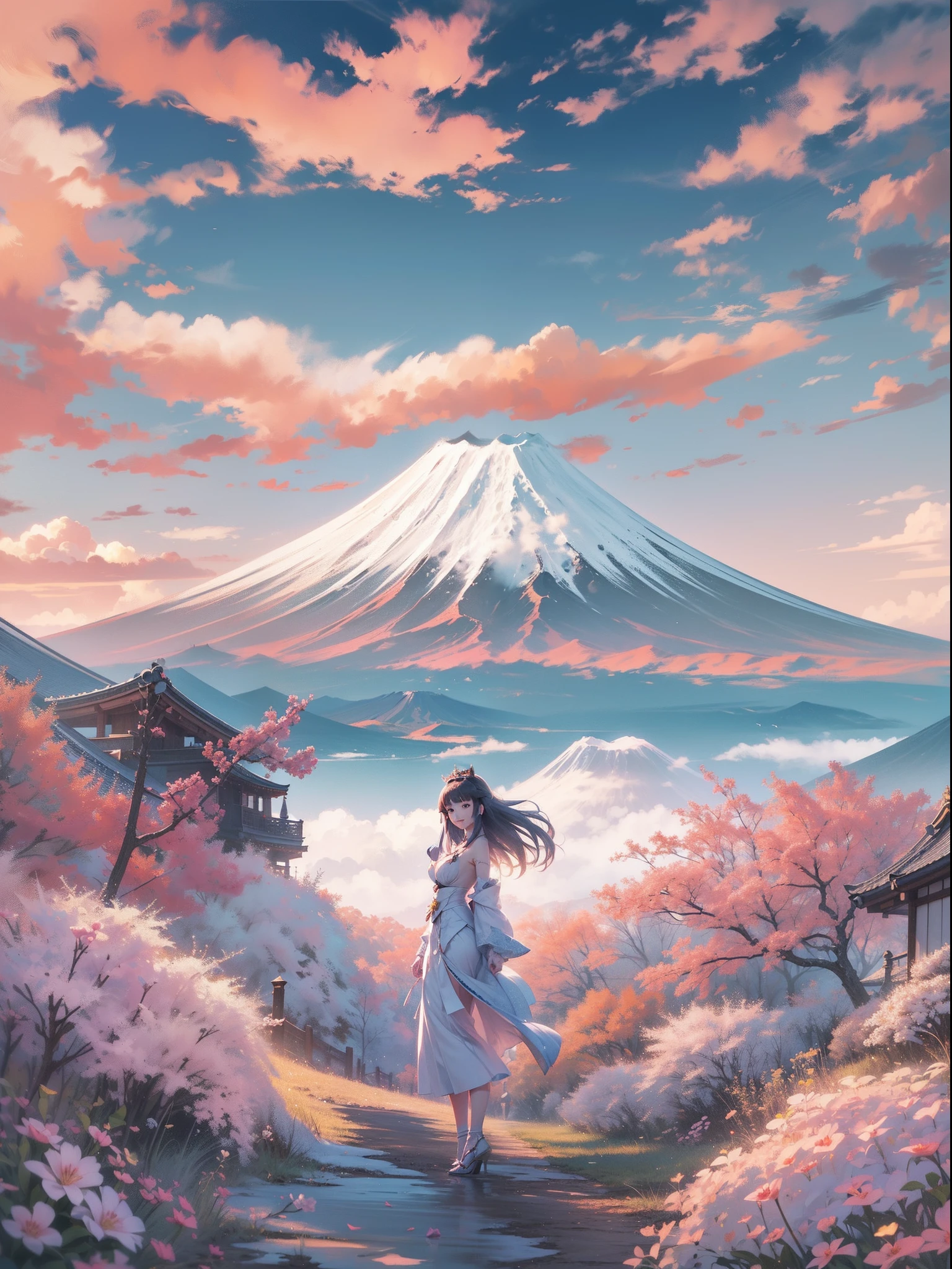 A majestic and elegant panorama of Mt. Fuji.、Sakuhime Konohana smiles kindly、(The princess's breasts are huge:1.5)、Hair that flutters in the wind、The best illustrations、