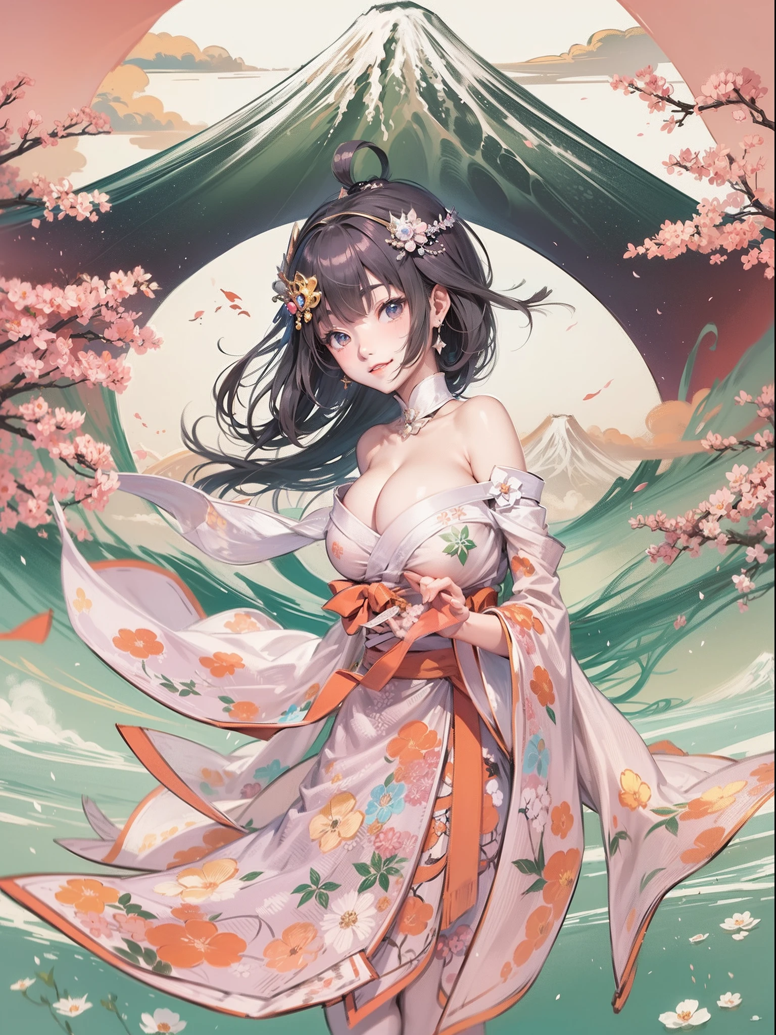 A majestic and elegant panorama of Mt. Fuji.、Sakuhime Konohana smiles kindly、(The princess's breasts are huge:1.5)、Hair that flutters in the wind、The best illustrations、