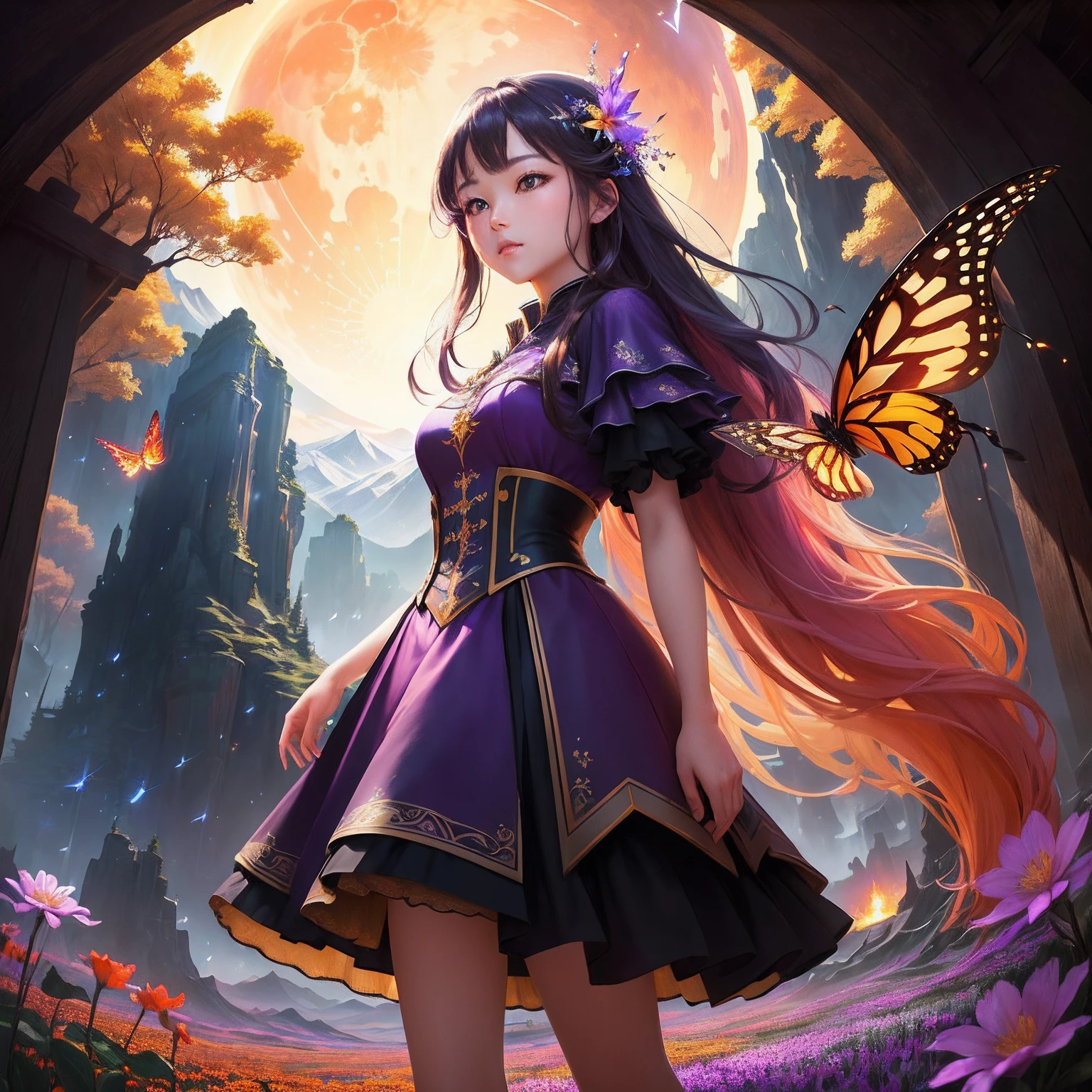 1Beautifulwoman、Vast landscape photos、(View from below with a view of the sky and the wilderness below)、Girl standing in a flower field and looking up、(fullmoon:1.2)、(shooting stars:0.9)、(nebulas:1.3)、mountain in the distance、Tree BREAK Production Art、(Warm color Light Source:1.2)、(fireflys:1.2)、abajour、Purple and orange、intricate detailes、Volume Lighting BREAK (masterpiece:1.2)、(top-quality)、4k、ultra-detailliert、(The composition of the movement:1.4)、Highly detailed and colorful details(Irridescent color:1.2)、(glowing lighting、Atmospheric illumination)、dream-like、Magical、(独奏:1.2)