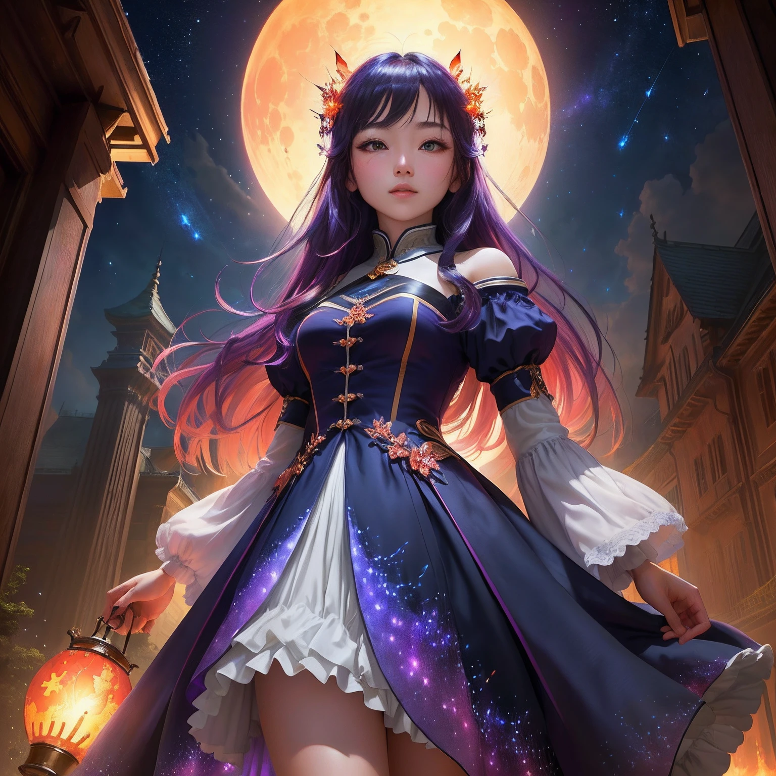 1Beautifulwoman、Vast landscape photos、（View from below with a view of the sky and the wilderness below）、Girl standing in a flower field and looking up、（fullmoon：1.2）、（shooting stars：0.9）、（nebulas：1.3）、mountain in the distance、Tree BREAK Production Art、(Warm color Light Source:1.2)、(fireflys:1.2)、abajour、Purple and orange、intricate detailes、Volume Lighting BREAK (​masterpiece:1.2)、(top-quality)、4k、ultra-detailliert、（The composition of the movement：1.4）、Highly detailed and colorful details（Irridescent color：1.2）、（glowing lighting、Atmospheric illumination）、dream-like、Magical、（独奏：1.2）