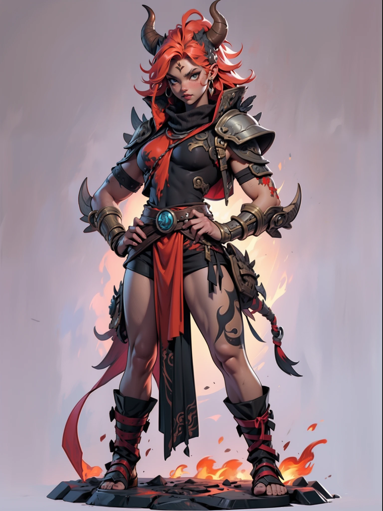 ((top-quality))、((tmasterpiece))、((Full body photo of a woman))、((very simple background))、(Game character design)、amazon warrior，Primitive barbarian tribal style，((The fire element fuses with clothes，Fire element chest shell))，exposed navels，Animal skin clothing，cloaks，Red clothes，Red demon monster、monster design，(the fire goddess，Flame element merging)、Cartoony、Beastman、Ivory ornaments、独奏、Fighting posture，Riot game concept art