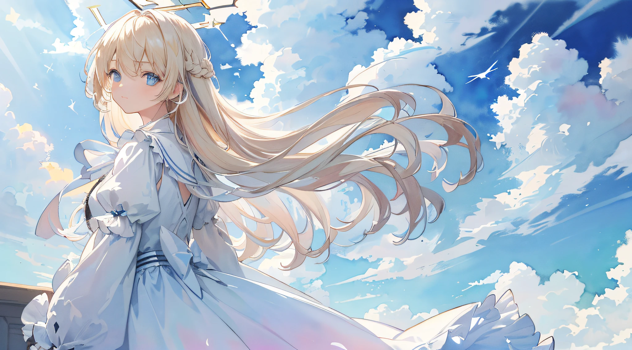 ((ultra - detailed),the sky background,Beautiful clouds,The light from the back window is backlighted,feater,Watercolor pattern in calm colors),(Watercolor texture), ((1girll),long whitr hair,blond hairbl,eBlue eyes,adolable),(angelicales),Light smile,Lolita prostitute,Best Picture Quality