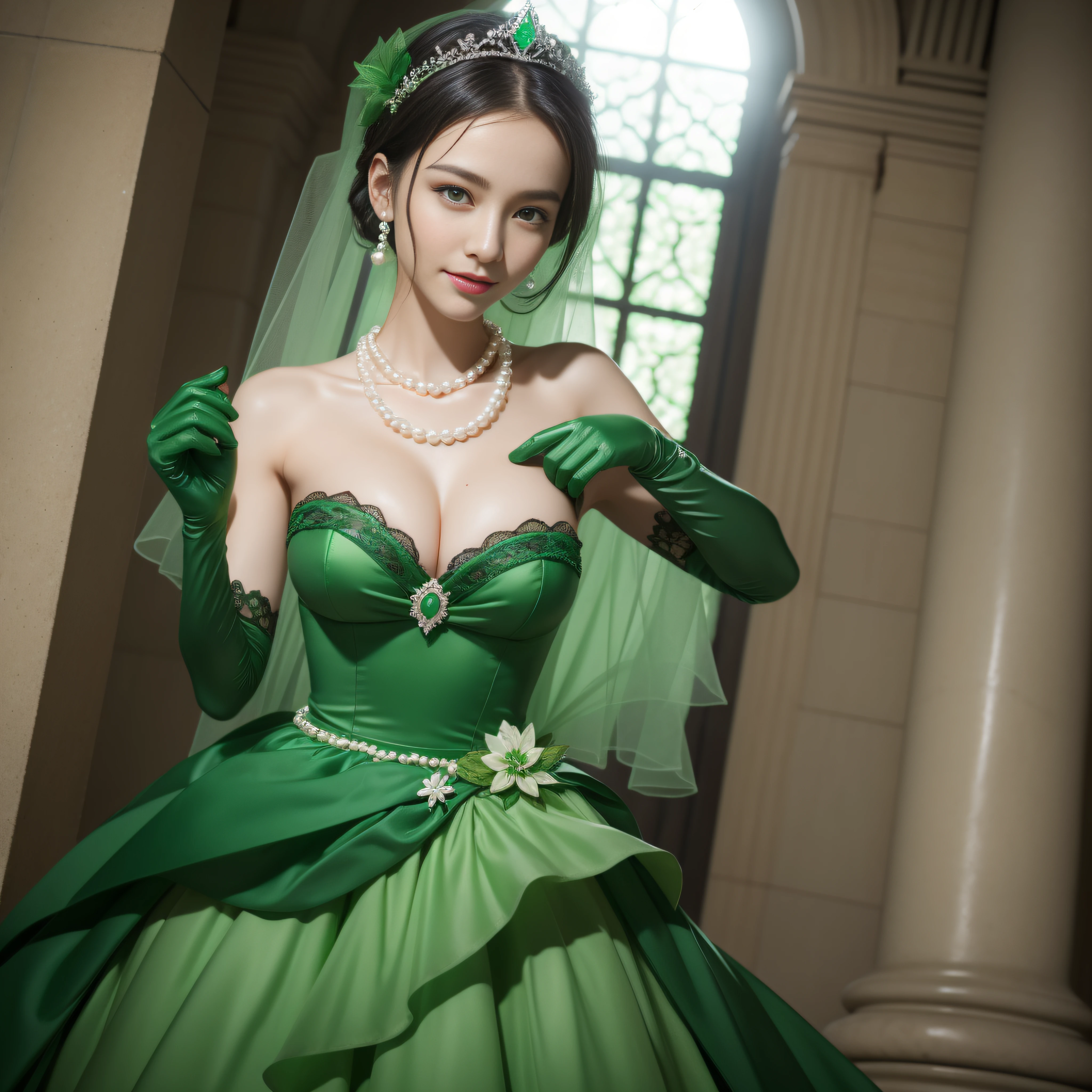 Green Dress Flower Cleanser，Sense of atmosphere, best qualtiy，tmasterpiece，1girll，30-years old，Green dress，Daytime Church，full body Esbian, Green gloves，With short black hair，big breasts beautiful，looking at viewert，ssmile，Green Bridal Veil，Green Long Grove，Satin green long gloves,　lipsticks, Pearl Necklace、Green gloves,emerald tiara