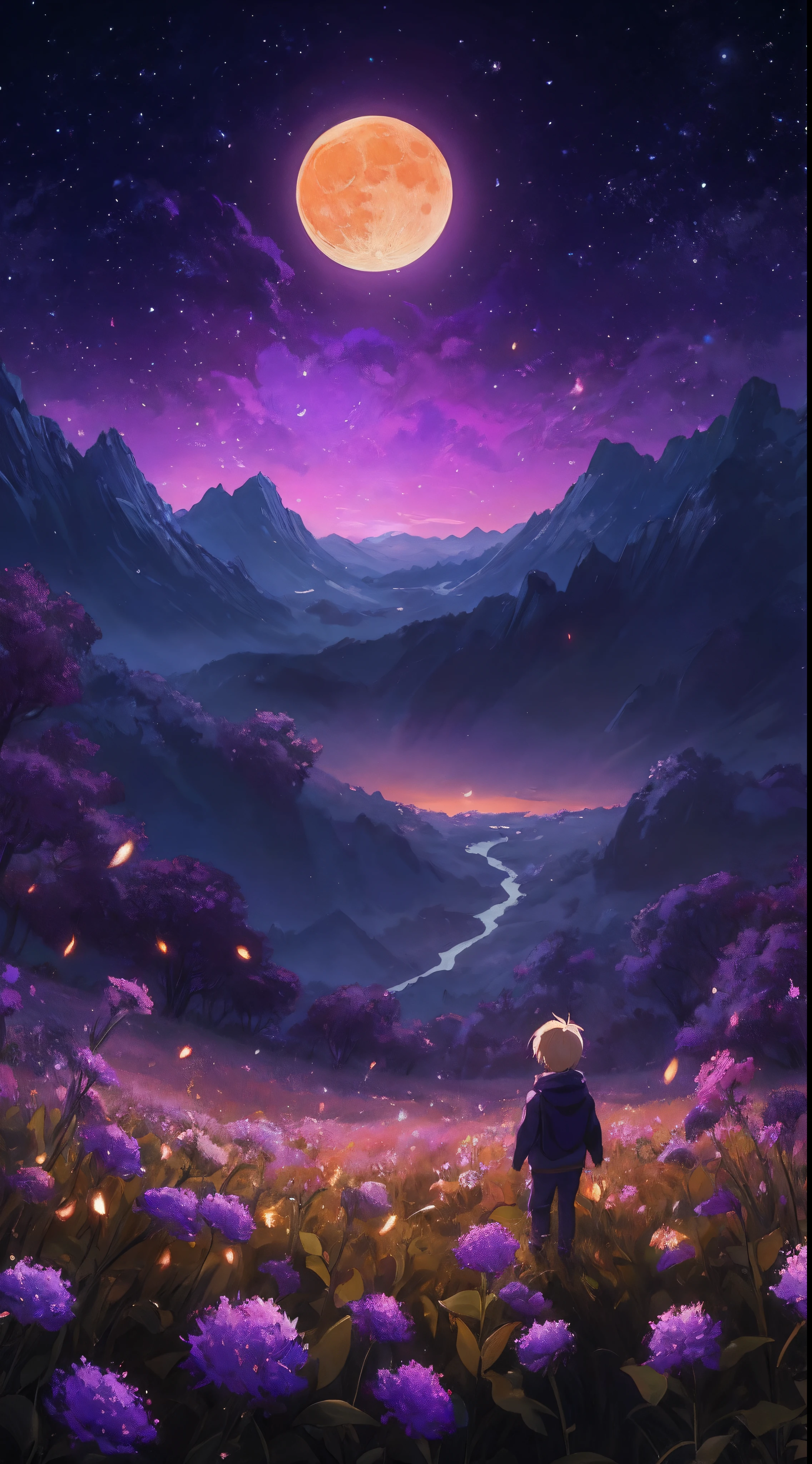 a painting of a little blonde boy standing in a field of flowers looking at the moon, anime art wallpaper 8 k, magical landscape, beautiful art uhd 4 k, 4k highly detailed digital art, anime art wallpaper 4 k, anime art wallpaper 4k, 4k anime wallpaper, anime fantasy artwork, anime landscape wallpaper, 8k stunning artwork, 4k detailed digital art
