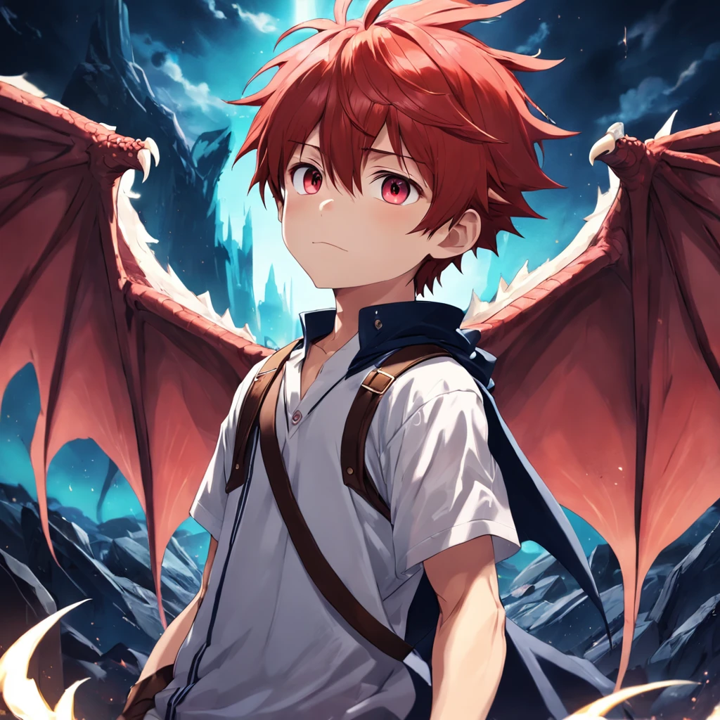 cute, red hair, boy, 1boy, one boy, ???, boy dragon, dragon wings, dragon horns
