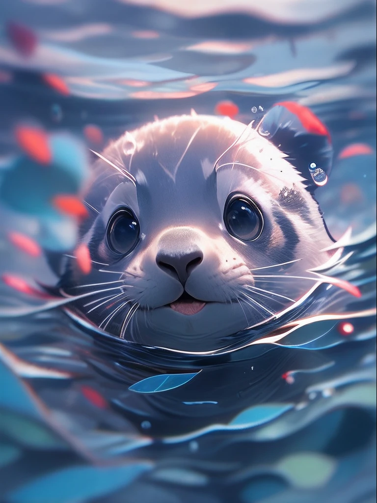 1 cute little seal, close-up face, Portrait, Furry, No Man, In water, ocean floor, Swimming, Blisters, Buble, More details, Saturated colors, cute smiling, Best quality, 8K, High saturation