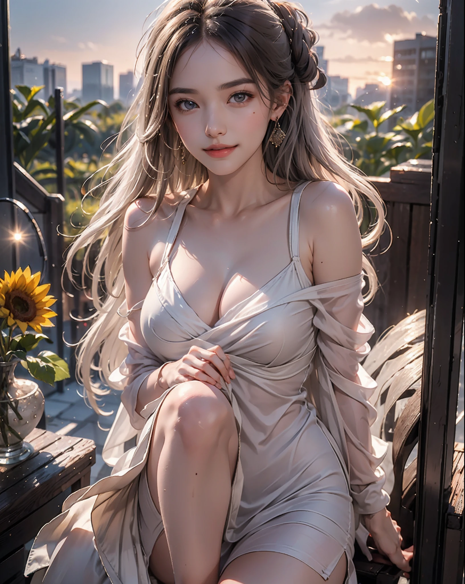 top-quality、masterpiece、超A high resolution、(Photorealsitic:1.4)、Raw foto、(Authentic skin texture:1.3)、(film grains:1.3)、the panorama、Character Portrait、Very Wide Shot、narrow waists、bokeh effects、A smile、1girl in、beautiful detailed eyes and face、off shoulders、Brown-eyed、Sunset sky、Red fiery sky、The background is a sunflower field、Sunflower earrings、Sunflower dress、Eyes are on the viewer、Looking at the camera、Shy laughter、A smile、Kiss Face、Angle from above the knee、Breasts are small and B size、A slender、Cleavage is visible。legs are thin and beautiful,the skin is white and transparent,Shotcut