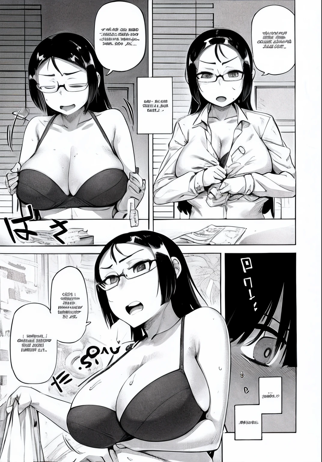 A cartoon photo of a woman in a bra top is being , Oppai, black and white manga page, seios grandes!!, com seios grandes, manga page, Doujin, tocando suas roupas, desabotoando camisa,seios grandes!, black and white manga comic, Estilo Ecchi, Oppai proportions, black and white manga panel, Oppai cyberpunk, revelando roupas