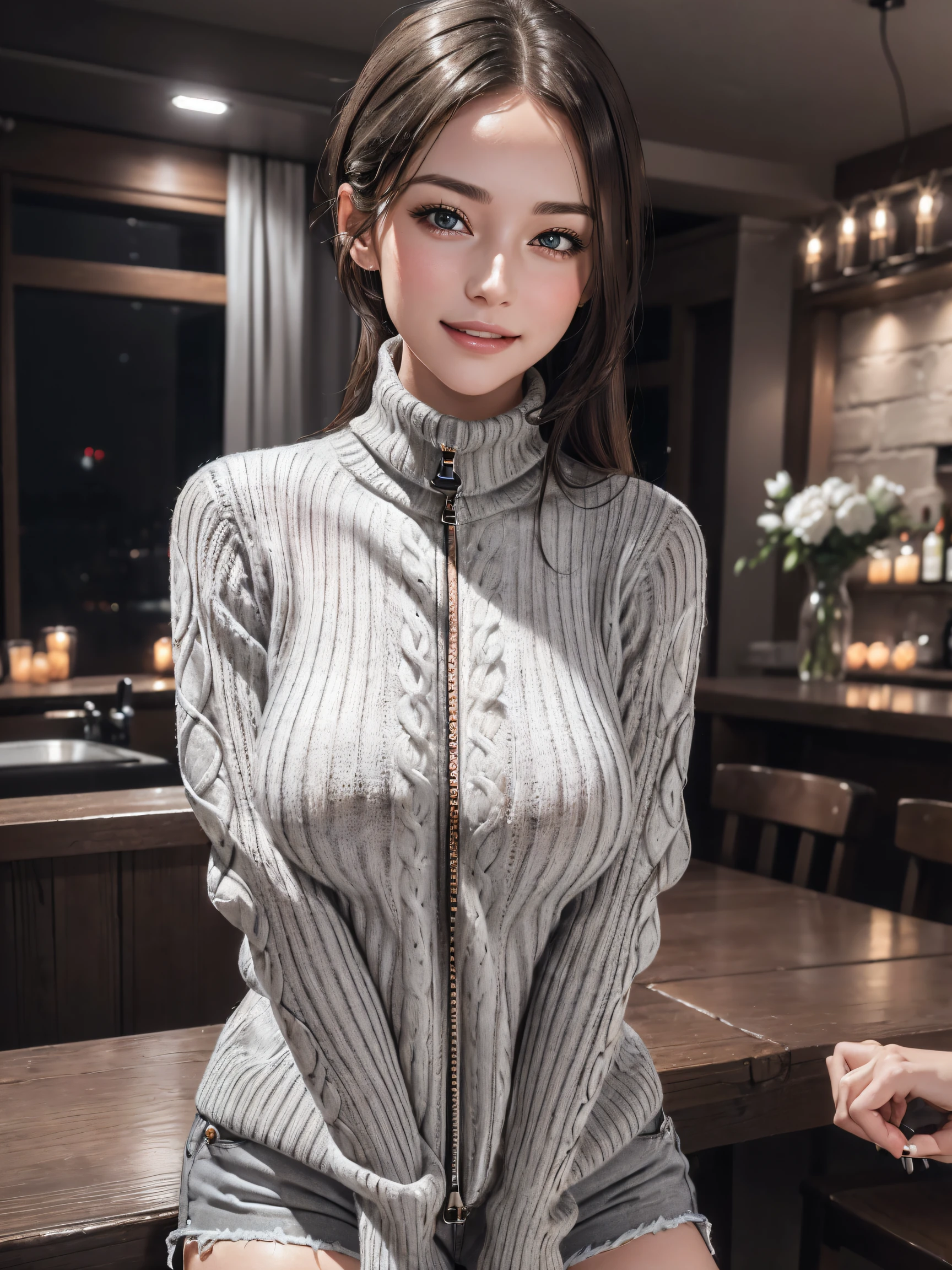 (1girl:1.3, solo), (((night situation:1.5))), (Masterpiece, best quality, photorealistic, highres, photography, :1.3), ultra-detailed, sharp focus, professional photo, commercial photo, (upper body:1.3, bust-up portrait), (starring the viewer:1.3) BREAK, 1 brunette girl, solo, European girl, hot model, highly detailed eyes and pupils, realistic skin, (attractive body, large breast:1.25, thin waist:1.15), thin half-up hair, single hair, extremely detailed hair, delicate sexy face, sensual gaze, shiny lips, BREAK, (wearing a light-grey zip-up turtleneck sweater:1.3), (shorts:1.3), BREAK, (indoor, antique house:1.25, at rouge:1.25, gorgeous antique house, blurry background:1.25, simple background, dark room:1.2, in the dark, low key), (attractive posing), ((realistic, super realistic, realism, realistic detail)), perfect anatomy, perfect proportion, bokeh, depth of field, hyper sharp image, (attractive emotion, seductive smile:1.2, happy:1.2, blush:1.2, :d:1.2, :p:1.2), 4fingers and thumb, perfect human hands, (professional studio soft light, cinematic light, bar light, rim lighting, low key, in the dark),