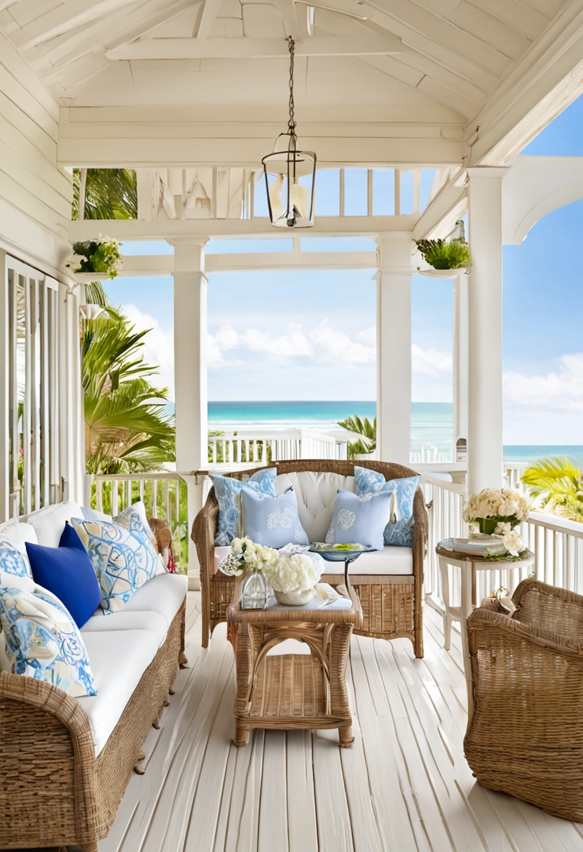 a large open porch with a couch, chairs, and a table, airy colors, overlooking the ocean, with backdrop of natural light, serene and peaceful style, gorgeous view, cream and white color scheme, cream - colored room, beautiful terrace, overlooking the beach, beautiful natural light, beautful view, serene beach setting, tonal colors outdoor, view of the ocean