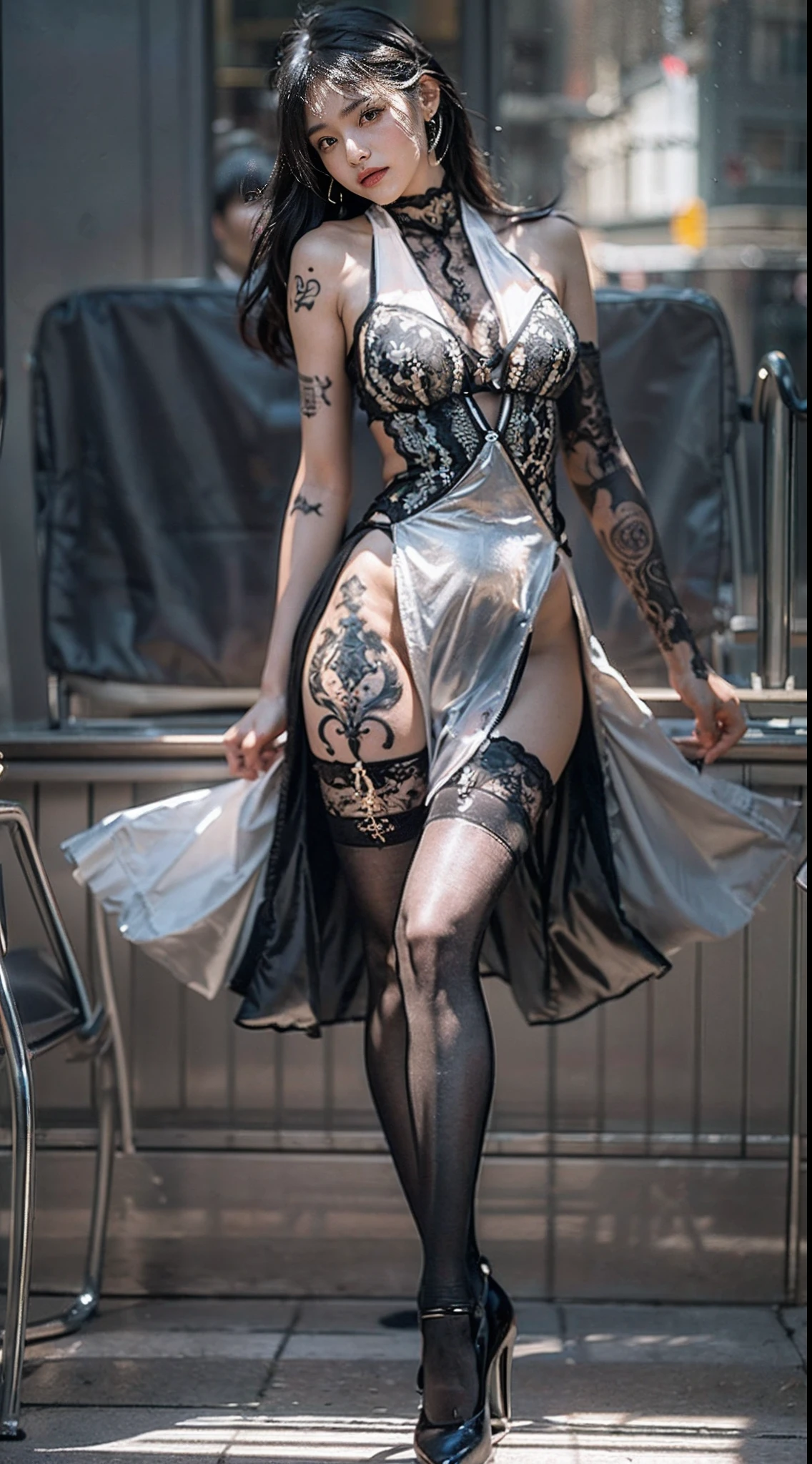 (full bodyesbian:1.5),((Girl):1.4),(view the viewer:1.4),(anatomy correct:1.3),(sitting on a bus:1.2),(Black sexy lace V-neck dress :1.2),((Black stockings):1.3),( Girls pointed-toe thick heels :1.1),(foot ring:1.3),(Accurate and perfect face:1.3),(Tattoos with a large area of the whole body,tattoos on the arms,Tattoo on the chest,leg tattoos),hyper HD, Ray traching, reflective light, structurally correct, Award-Awarded, High detail, Fade-in and fade-out shadow contrast, Face lighting ,Cinematic lighting, Masterpiece, super detailing, High quality, High detail, Best quality, 16k,High contrast,