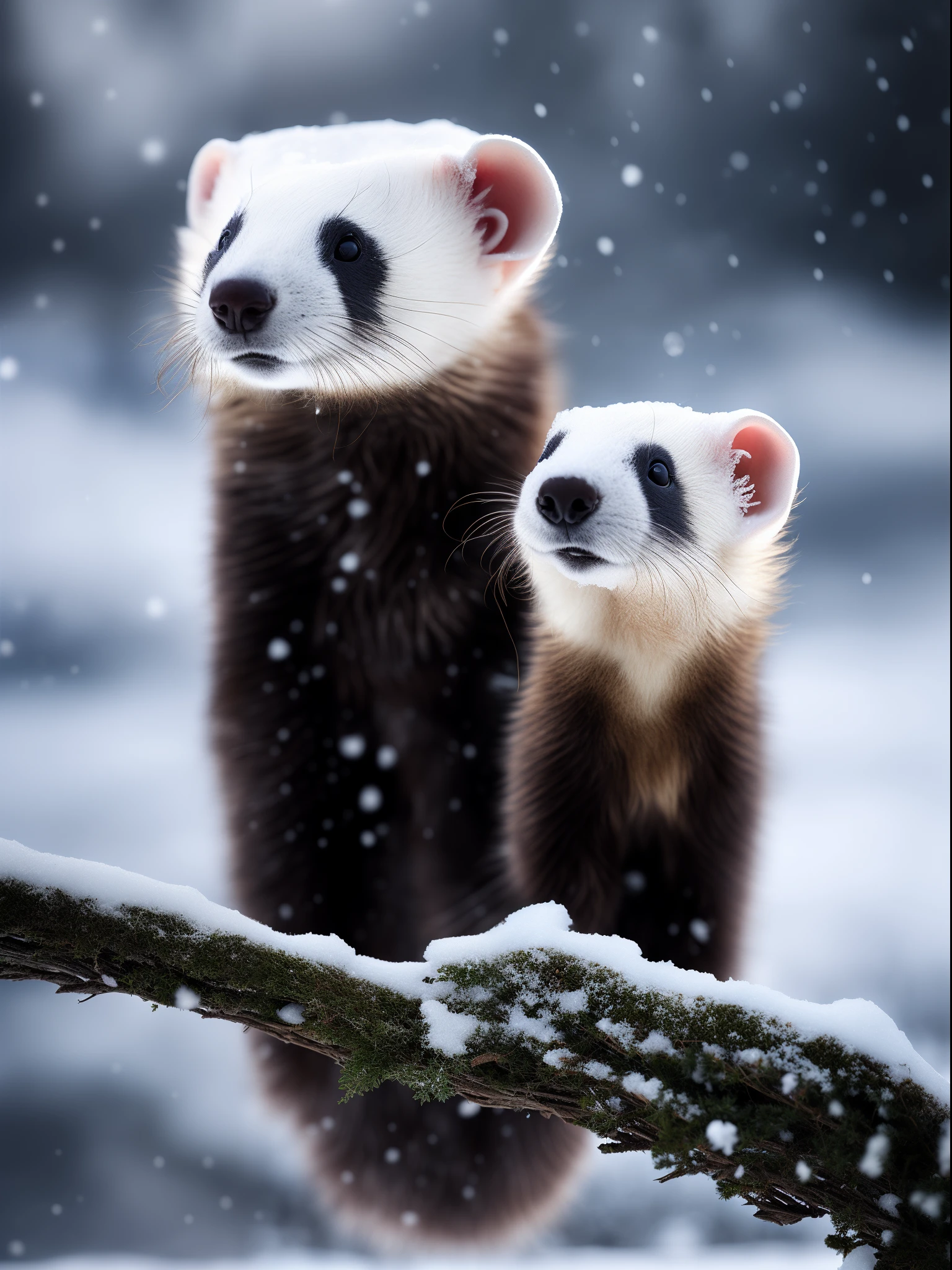 A white ferret stands on the snow，There is a ferret next to the dry branch，It's snowing， RAW photo, (8K、top-quality、tmasterpiece:1.2)、(intricately details:1.4)、(Photorealsitic:1.4)、Complex 3D Rendering Ultra Detail, vibrant detail, super detailing, Photorealsitic