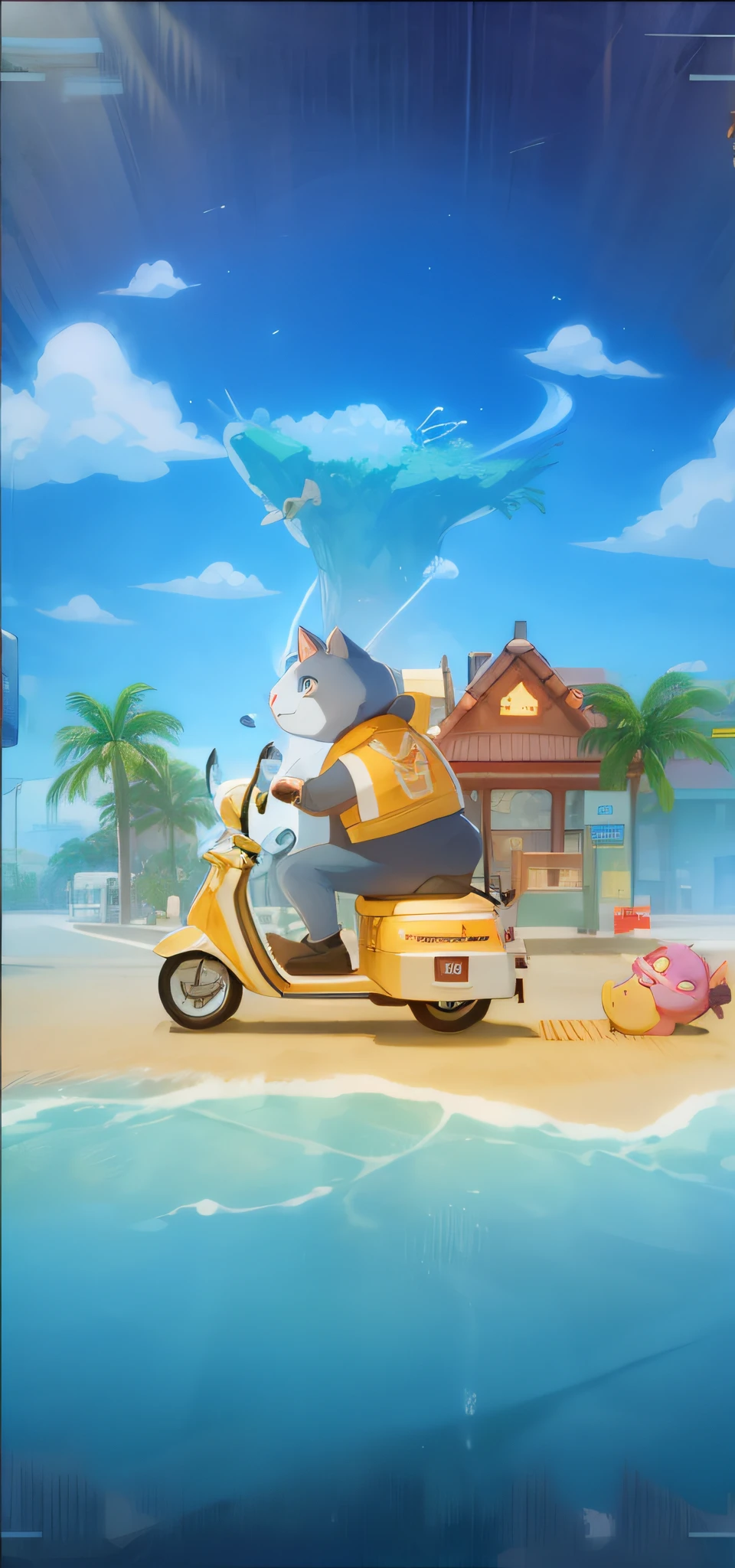 Cartoon illustration of fat cat riding electric car,There was a cat lying on the back of the car, Mobile game art, Fat cat, Stylized digital illustration, Mobile game background, official screenshot, 8 K cartoon illustration, fat cat superhero, pc screenshot, Epic smooth illustrations, Official artwork, loading screen, Game illustration, Official illustration, Official concept art, splash screen art, author:Qu Leilei