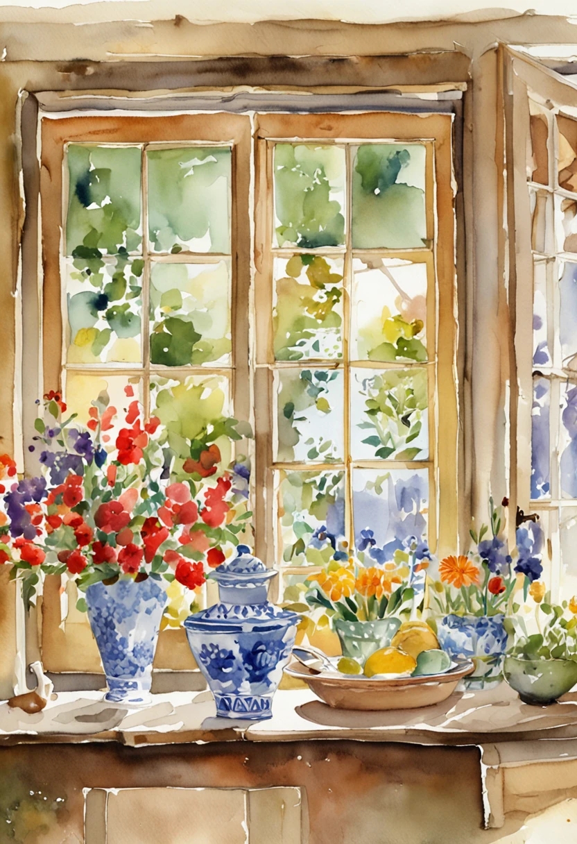 a close up of a table with a vase of flowers on it, delightful surroundings, with a french garden, house kitchen on a sunny day, french village interior, by Bernard D’Andrea, bright window lit kitchen, architectural digest, homes and garden magazine, homes and gardens, architectural digest photo, summer morning light, with flowers and plants, vignette