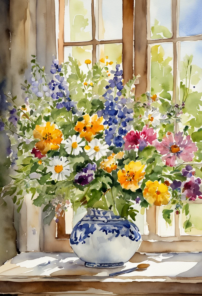 a close up of a table with a vase of flowers on it, delightful surroundings, with a french garden, house kitchen on a sunny day, french village interior, by Bernard D’Andrea, bright window lit kitchen, architectural digest, homes and garden magazine, homes and gardens, architectural digest photo, summer morning light, with flowers and plants, vignette