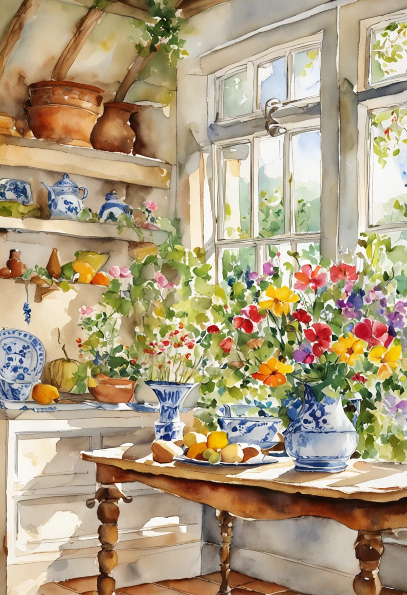 a close up of a table with a vase of flowers on it, delightful surroundings, with a french garden, house kitchen on a sunny day, french village interior, by Bernard D’Andrea, bright window lit kitchen, architectural digest, homes and garden magazine, homes and gardens, architectural digest photo, summer morning light, with flowers and plants, vignette