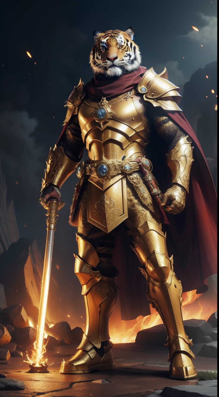 Creste one skull warrior with armor golden and red and blue with eyes blue brilliant and cape blue with shield in back, too armor with bonés in skull blue and helm red