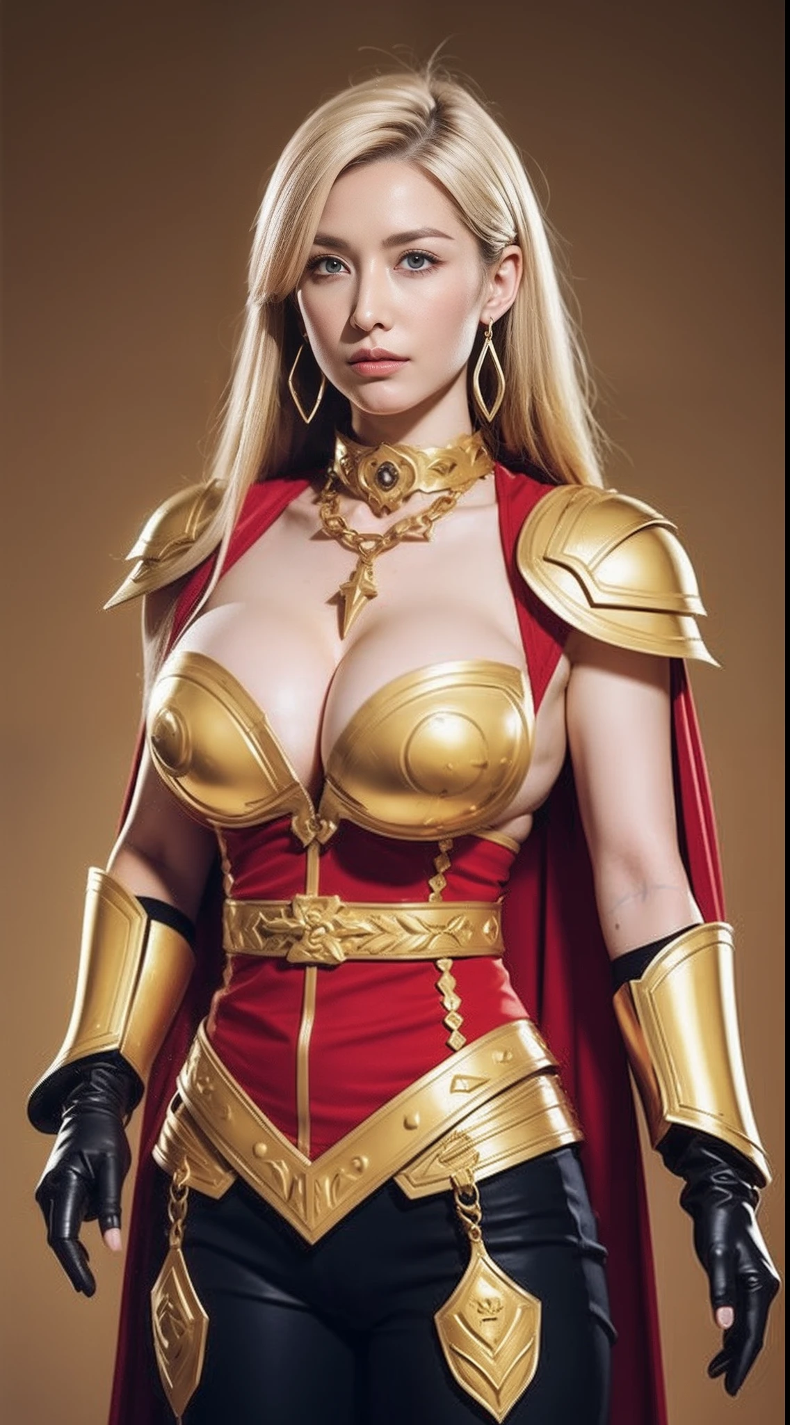 ​masterpiece,top-quality,higher rank,(female pervert_femele:1),(nudde:1.3), (35-year-old female warrior:1.3),、large full breasts,Very big breasts,Colossal tits,a navel,hyper realstic,Being on the battlefield of a medieval European city,deadpan,、British woman、Delicate skin texture with detail、Detailed red-black areola、Detailed red-black 、Detailed blue eyes、((Muchimuchi body shape))、(Very big big)、Middle-aged woman、(fluffy blonde long hair)、tanned skin of wheat color、(Blonde pubic hair)、Very big big、European Female Warrior、Large cleavage、Richly decorated gold armor、Witches in the Middle Ages、highleg、Long gold boots with fancy decorations、Large open neckline、Gold and jewelry luxury necklace and collar、Large gold earrings、bright red lips、Long gloves with fancy decorated gold armor、He has a big and long sword、The sword has fancy decorations、The blade of the sword is jet black、(Female Warrior)、(battle field)、
