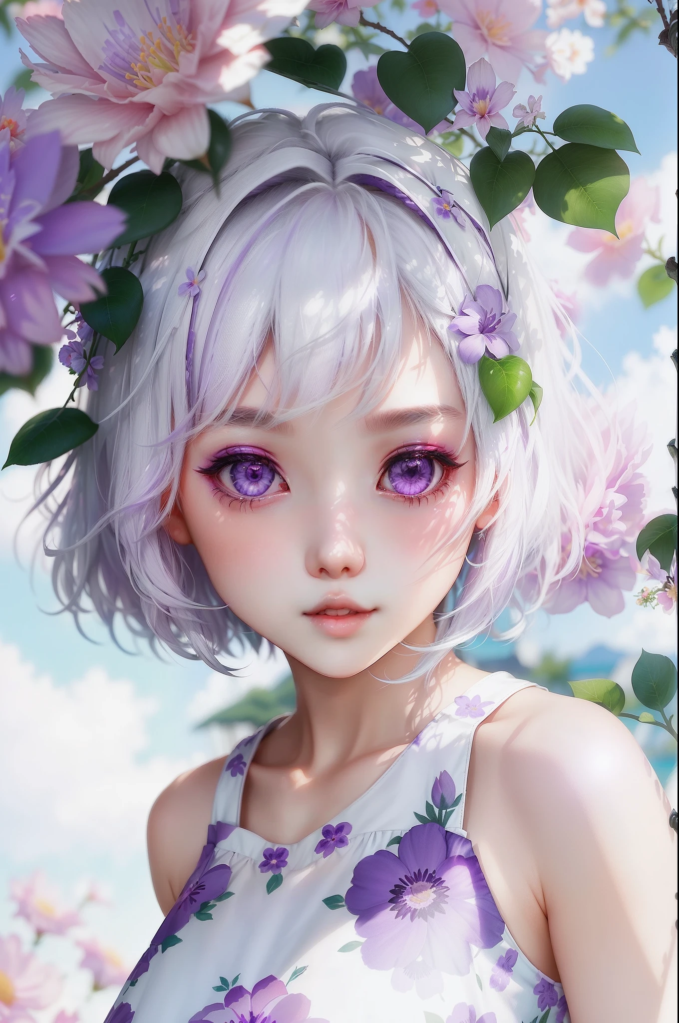 realisticlying、女の子 1 人、white  hair、Purple eyes、radiant eyes、croptop、skirt by the、Parted lips、red blush、natta、florals、suns、sunlights、Not wearing clothes