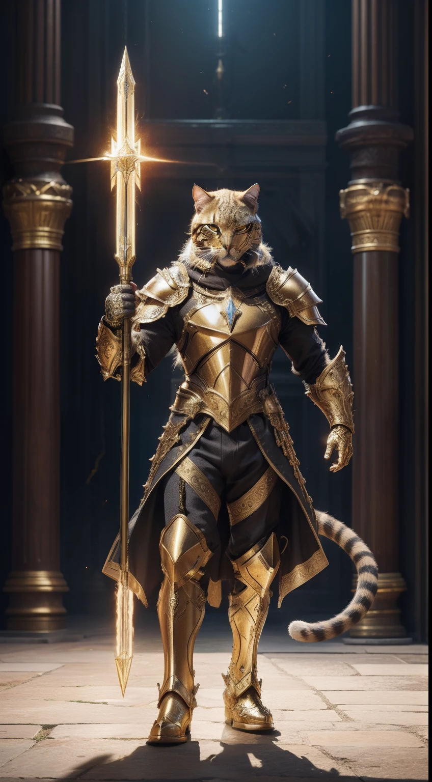 general, giant holy mace, cat face, golden armor, full body, lightning background, Animal Anthropomorphism, realistic digital, humanoid, abstract background, global illumination, intricate, epic, dramatic, masterpiece, high detail, best quality, ultra high res