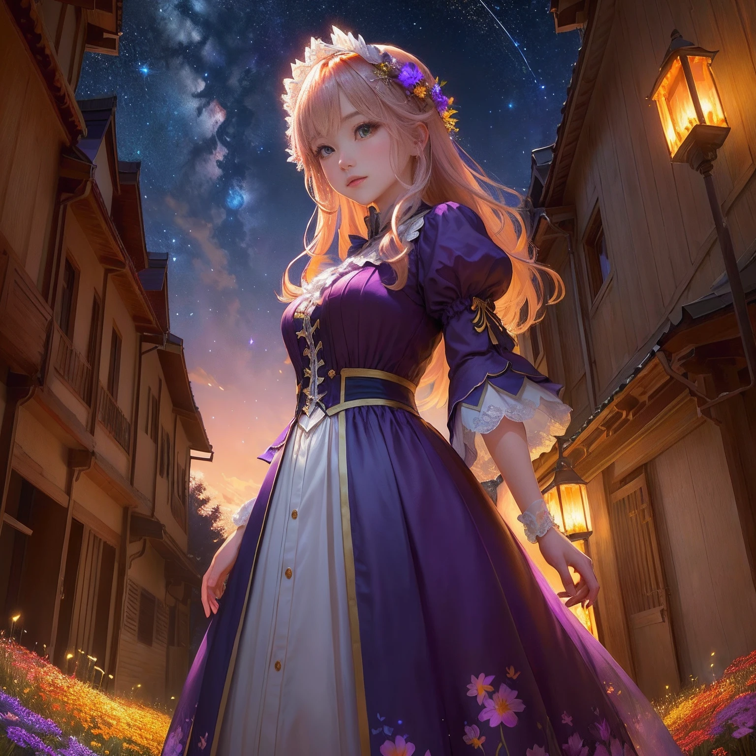 1Beautifulwoman、Vast landscape photos、(View from below with a view of the sky and the wilderness below)、Girl standing in a flower field and looking up、(fullmoon:1.2)、(shooting stars:0.9)、(nebulas:1.3)、mountain in the distance、Tree Break Production Art、(Warm color light source:1.2)、(fireflys:1.2)、abajour、Purple and orange、intricate detailes、Volume Lighting BREAK (masterpiece:1.2)、(top-quality)、4K、ultra-detailliert、(The composition of the movement:1.4)、Highly detailed and colorful details(Irridescent color:1.2)、(Glowing lighting、Atmospheric illumination)、dream-like、Magical、(独奏:1.2)