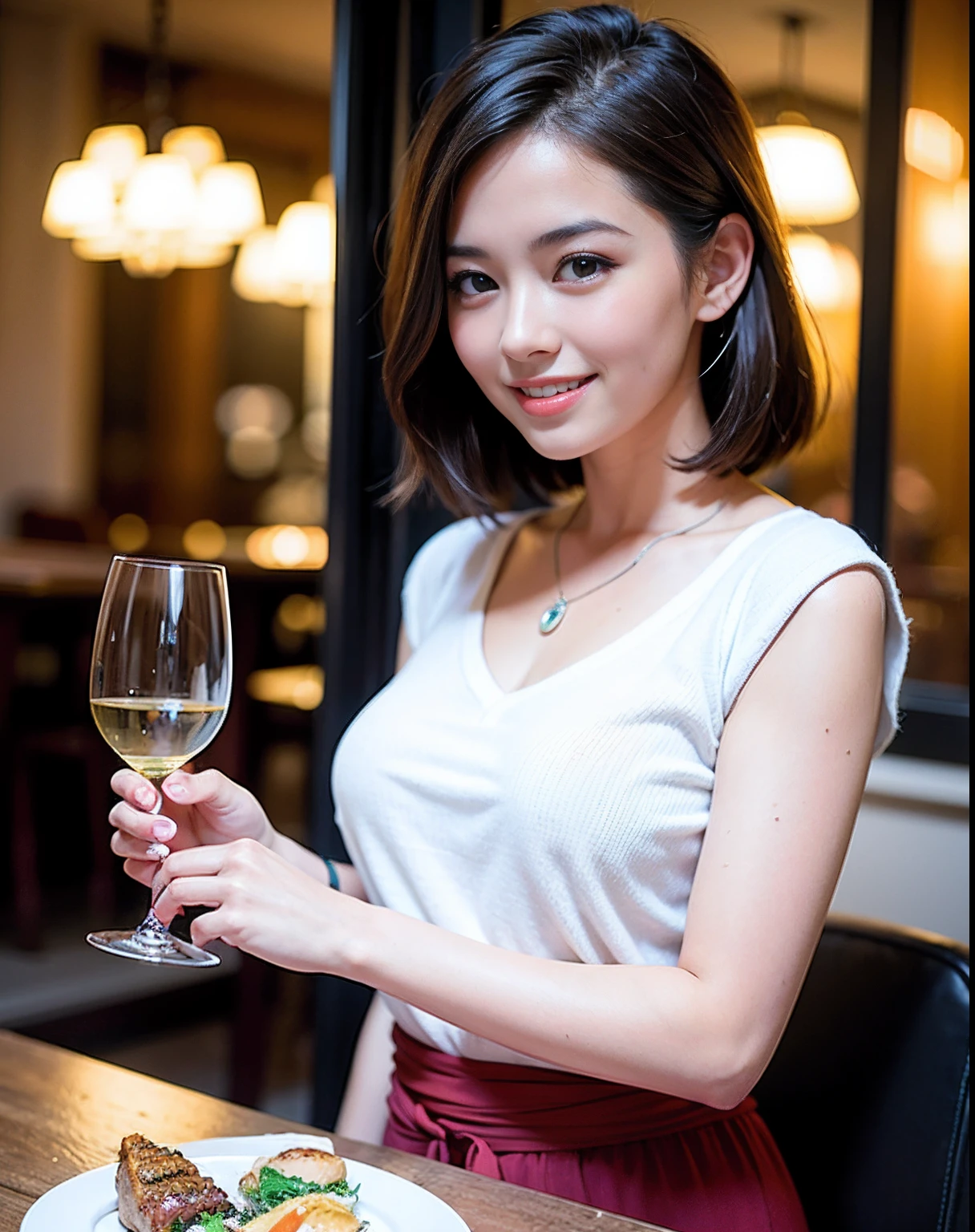 (64k uhd, nffsw, of the highest quality, masutepiece: 1.2), (Realistic, Photorealistic: 1.37), Pretty Woman 1, (Slim Face), (slimボティ), (Brown hair), (short-cut), Dutchman、Americana、Frenchman、cheeks blush a little, (40 years old), 38 years, Solo, A beautiful and detailed night view spreads out outside the window.........., restaurant, wine glassesに座って, At night, In a prominent place (from waist up) NovaFrogStyle, actress, Model, waist-up, white wine, slim, wine glasses, Super clean night view, 真ん中に置かれたwine glasses, Happy smile, (Smile: 1.15), Beautiful fine eyes, Upper body, Bust Japan Up, Night, Short, Short, actress, Model, waist-up, white wine, slim, wine glasses, Super clean night view, 真ん中に置かれたwine glasses, Happy smile,