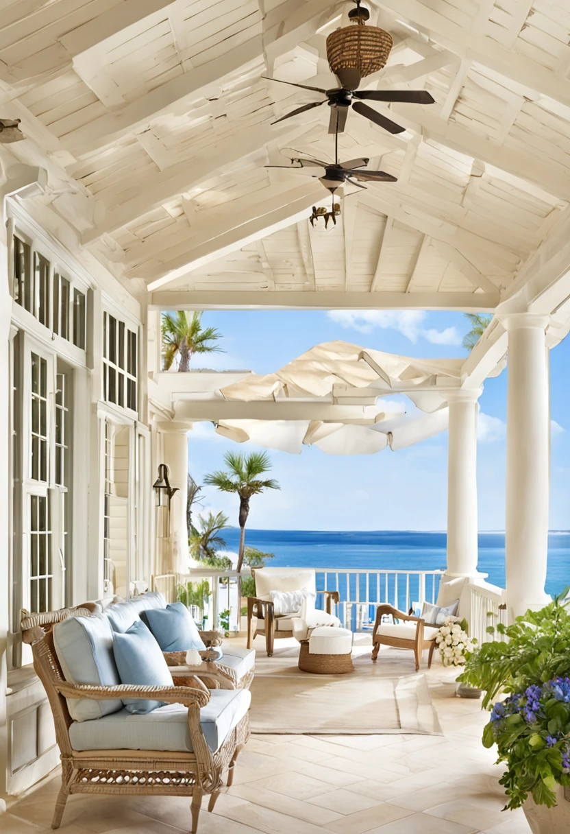 a large open porch with a couch, chairs, and a table, airy colors, overlooking the ocean, with backdrop of natural light, serene and peaceful style, gorgeous view, cream and white color scheme, cream - colored room, beautiful terrace, overlooking the beach, beautiful natural light, beautful view, serene beach setting, tonal colors outdoor, view of the ocean
