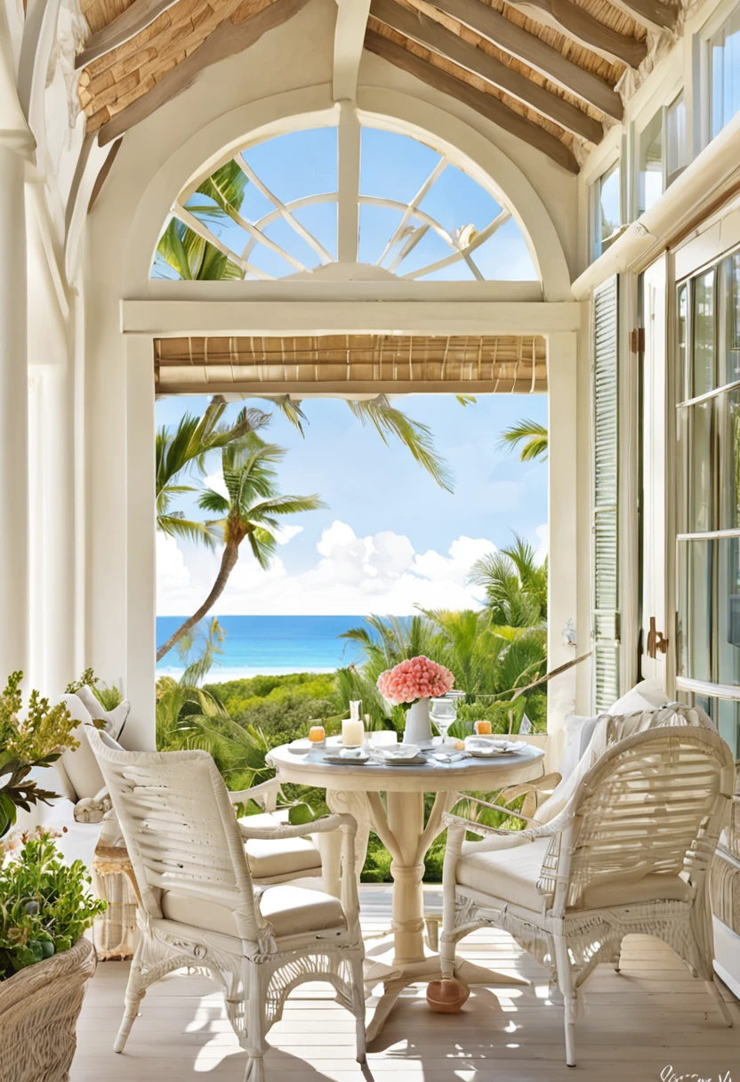 a large open porch with a couch, chairs, and a table, airy colors, overlooking the ocean, with backdrop of natural light, serene and peaceful style, gorgeous view, cream and white color scheme, cream - colored room, beautiful terrace, overlooking the beach, beautiful natural light, beautful view, serene beach setting, tonal colors outdoor, view of the ocean