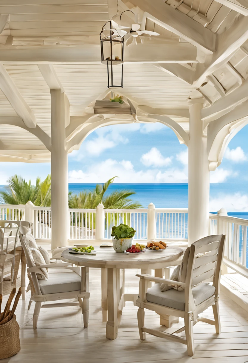 a large open porch with a couch, chairs, and a table, airy colors, overlooking the ocean, with backdrop of natural light, serene and peaceful style, gorgeous view, cream and white color scheme, cream - colored room, beautiful terrace, overlooking the beach, beautiful natural light, beautful view, serene beach setting, tonal colors outdoor, view of the ocean