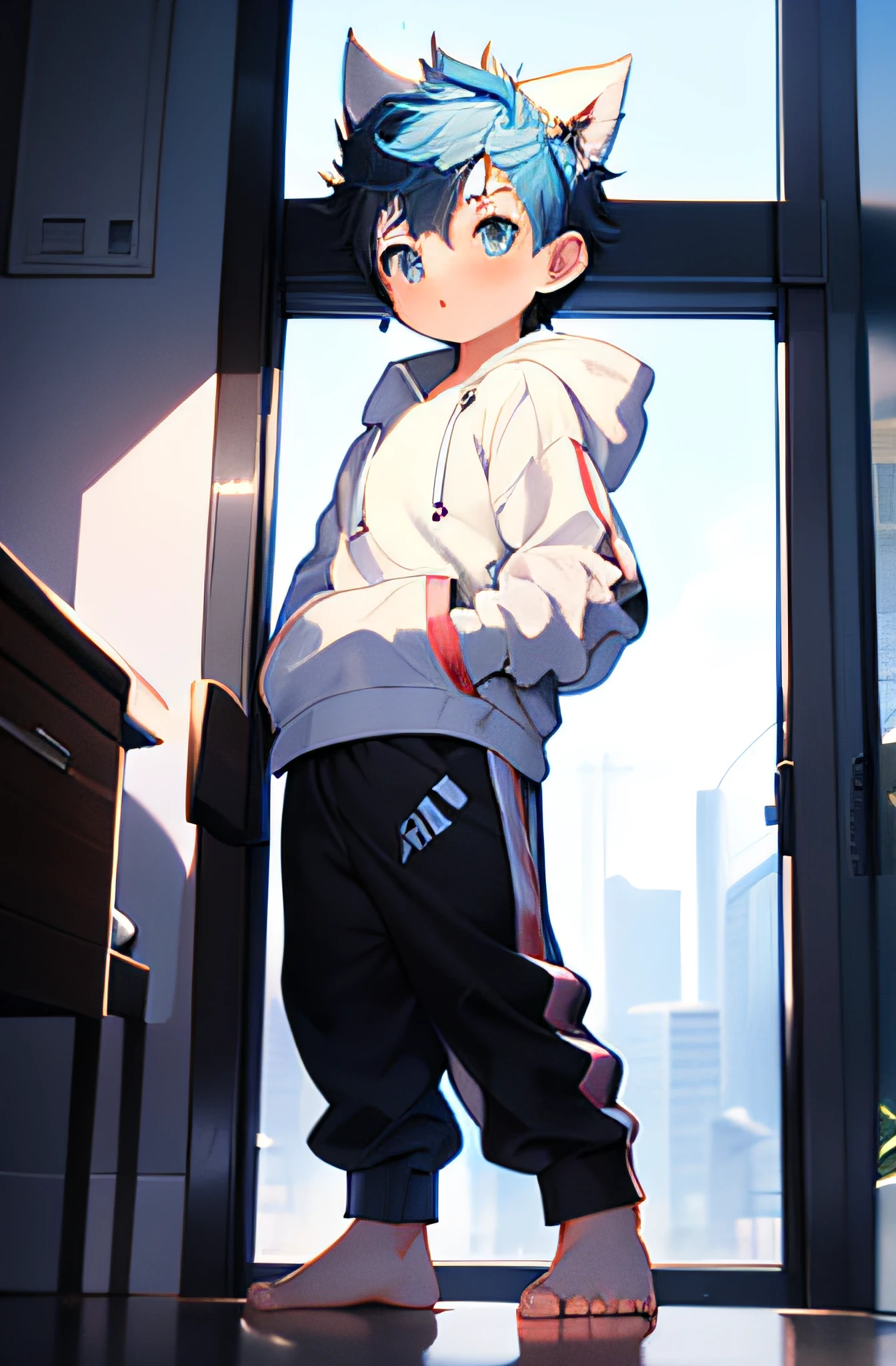 2  boys，Has rainbow hair and shiny bright blue eyes，Wolf ears，Barefoot and smallfoot，Sit on the windowsill in an oversized hoodie and sweatpants, Blushing, Young, Boy, child,l, toddlers, ty feet, (track pants:1.4), (Young:1.4), (child:1.4), (Shota:1.4), (Hoodie:1.4),