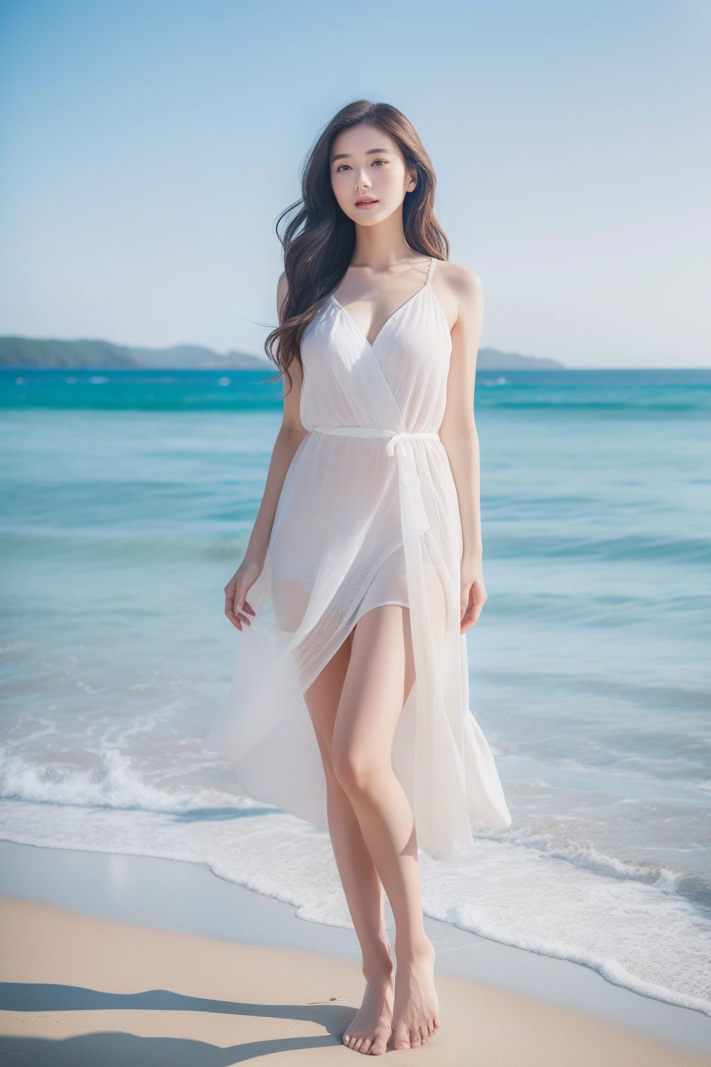 （top-quality、8K、32K、​masterpiece,)Beautuful Women、On the beach, evening、Walking、Taking a walk、See-through long dress、Looks happy、Beautiful sunset sea、Looking at the sea、Shot from the side、（（Shining eyes））