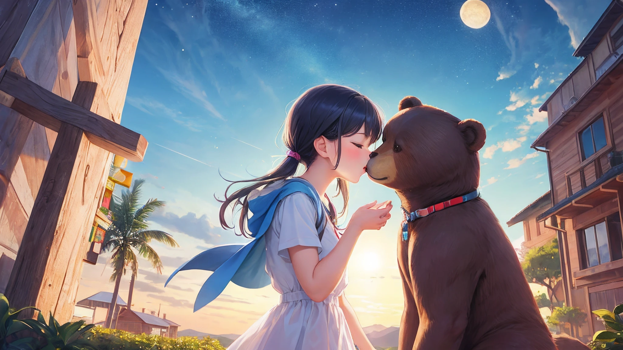 Girl, cute, sky, star, bear, boy, kiss, tree