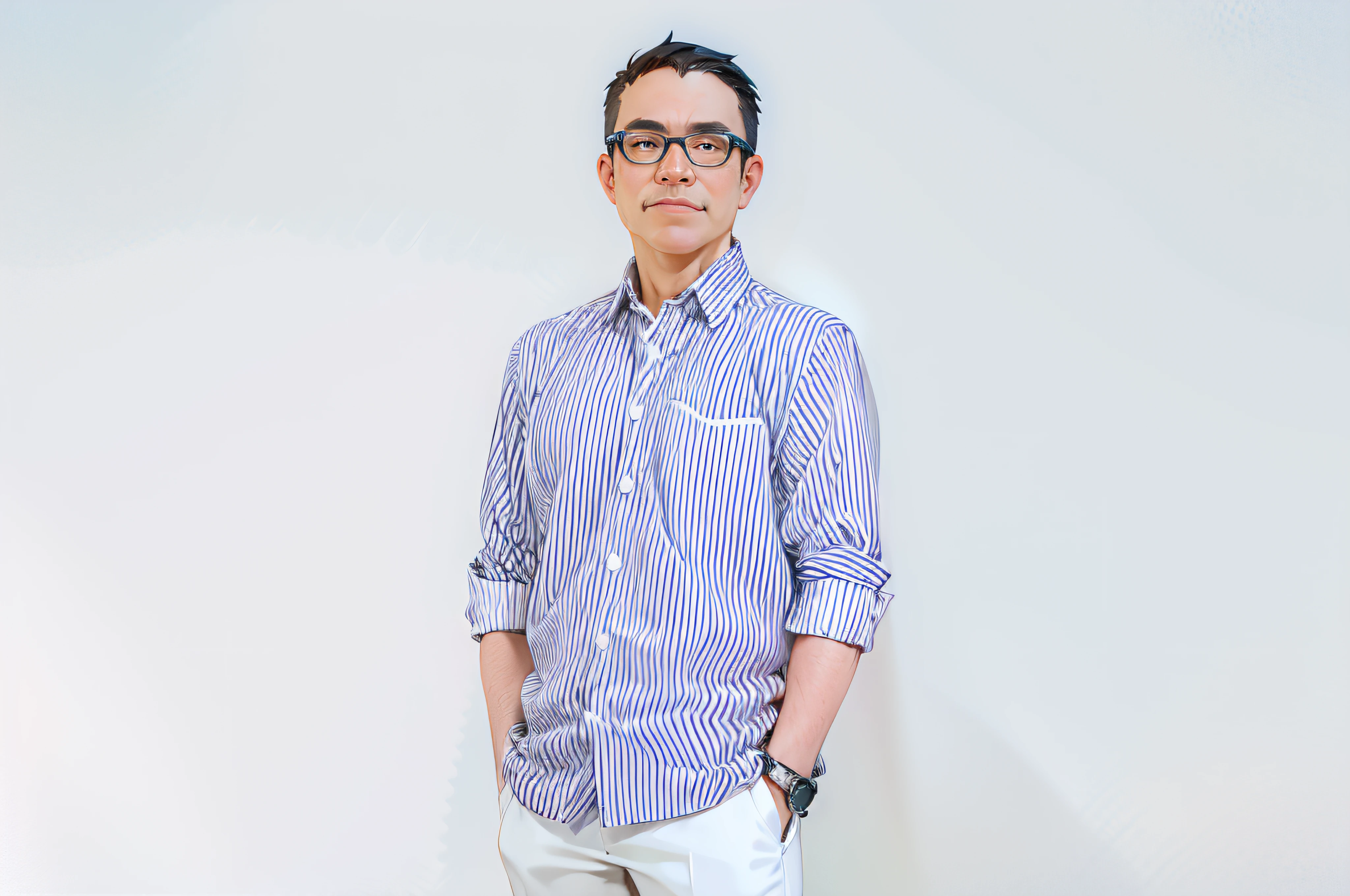 Man in blue and white shirt and white pants,wears glasses,ssmile, advanced digital chibi art, style as nendoroid, live2d virtual youtuber model, Anime boy, chibiStyle, anime styled 3d, anime chibi, anime style character, style of anime4 K, thancred waters in style of wlop, official character art, From Arknights, Anime figure