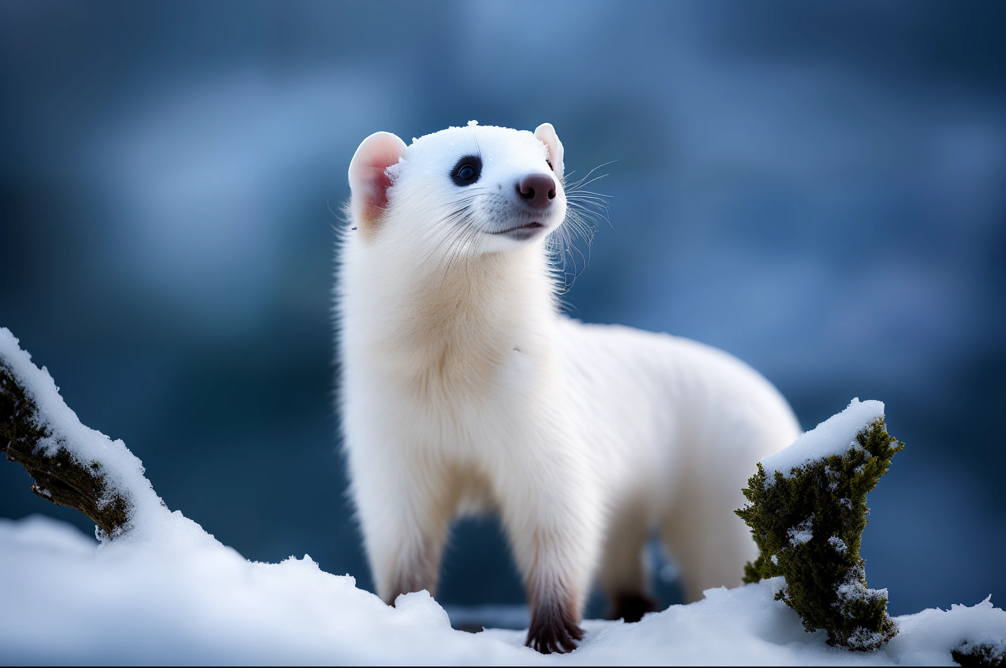 A white ferret stands on the snow，There is a ferret next to the dry branch，It's snowing， RAW photo, (8K、top-quality、tmasterpiece:1.2)、(intricately details:1.4)、(Photorealsitic:1.4)、Complex 3D Rendering Ultra Detail, vibrant detail, super detailing, Photorealsitic