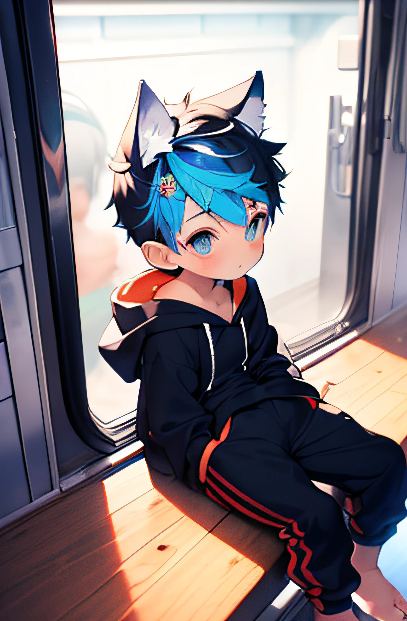 2 Little boys，Has rainbow hair and shiny bright blue eyes，Wolf ears，Barefoot and smallfoot，Sit on the windowsill in an oversized hoodie and sweatpants, Blushing, Young, Boy, child, small, toddlers, tiny feet, (track pants:1.4), (Young:1.4), (child:1.4), (Shota:1.4), (Hoodie:1.4),