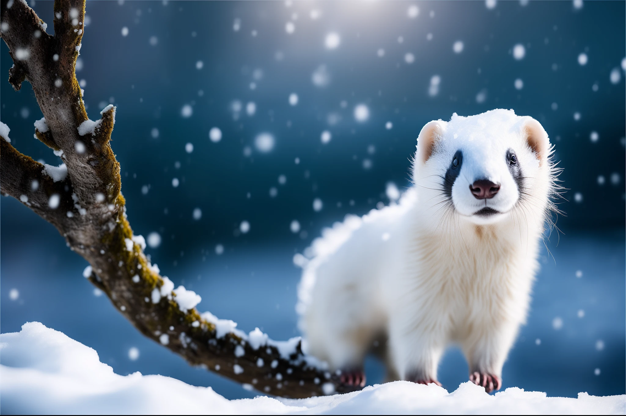 A white ferret stands on the snow,There is a ferret next to the dry branch,It's snowing, RAW photo, (8K、top-quality、tmasterpiece:1.2)、(intricately details:1.4)、(Photorealsitic:1.4)、Complex 3D Rendering Ultra Detail, vibrant detail, super detailing, Photorealsitic