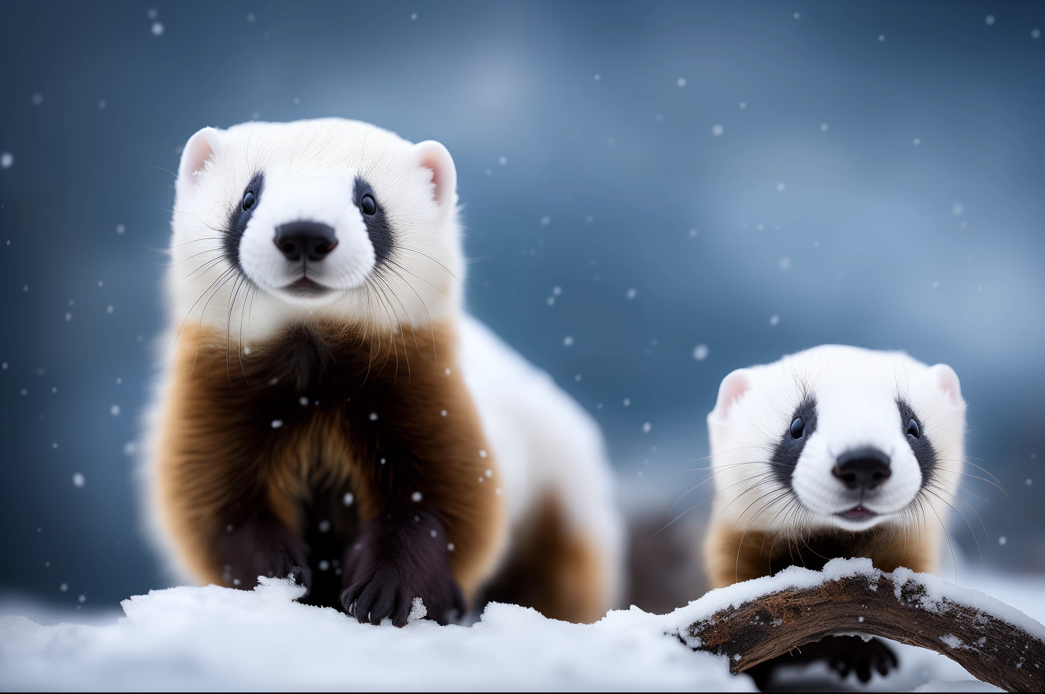 A white ferret stands on the snow,There is a ferret next to the dry branch,It's snowing, RAW photo, (8K、top-quality、tmasterpiece:1.2)、(intricately details:1.4)、(Photorealsitic:1.4)、Complex 3D Rendering Ultra Detail, vibrant detail, super detailing, Photorealsitic