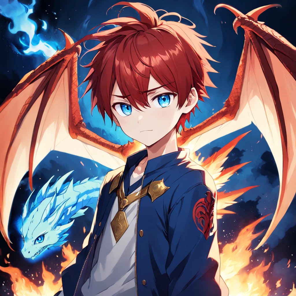 cute, kawaii, blue eyes, red hair, boy, 1boy, one boy, kid, boy dragon, dragon wings, dragon horns, blue fire, blue flame