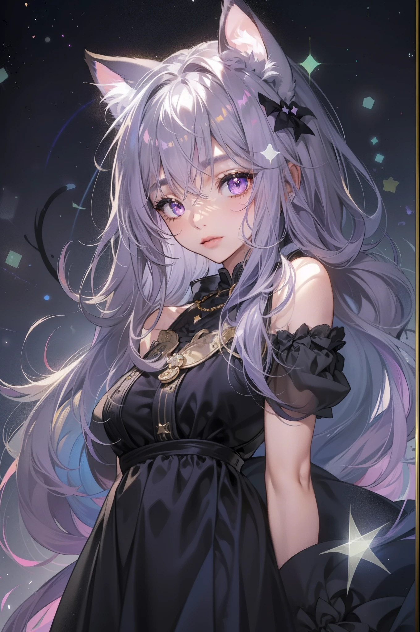 Woman with long silver hair,1girll,Women around 20 years old,Long silky hair,Liuhai,Purple eye,Lips apart,Black dress,short skirt,(((The fabric shines with little stars))),((Black cat ears on the head)),No cats,Small gold necklace,Exposing thighs,deep dark background,high high quality,hyper qualit,Light