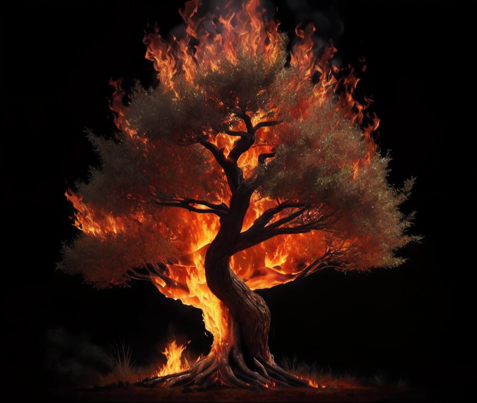 Arafed tree with fire in the dark with a black background, the tree of life, completamente composto por fogo, burning trees, corpo de fogo puro, (fire), fantasy tree, fires!! hiper-realista, Tree of Life, tree of life seed of doubt, uma floresta flamejante, fogo bonito, blazing fire, no plano elementar do fogo