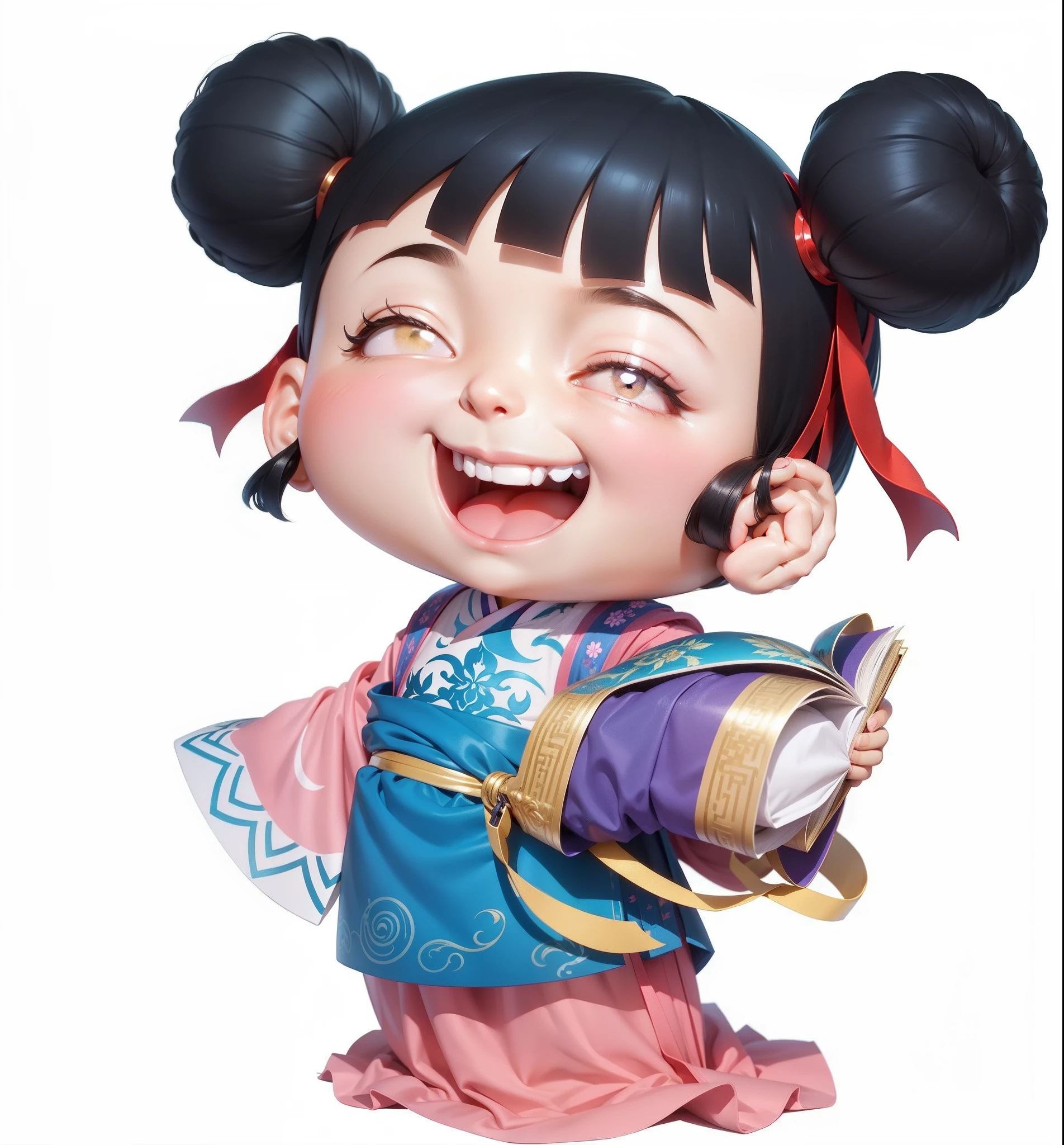 tmasterpiece,high qulity,1 Cartoon ancient little girl,Hanfu,,ssmile,adolable,Hold an ancient book in your right hand,Cartoon anime style,4K,Ray traching