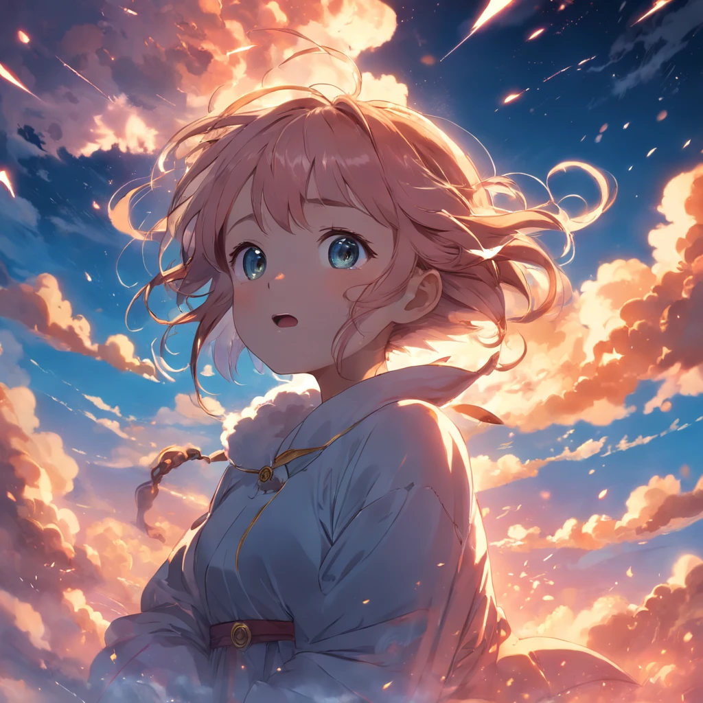 masterpiece, best quality, movie still, 1girl, cloud girl, floating in the sky, close-up, bright, happy, warm soft lighting, sunset, (sparks:0.7)