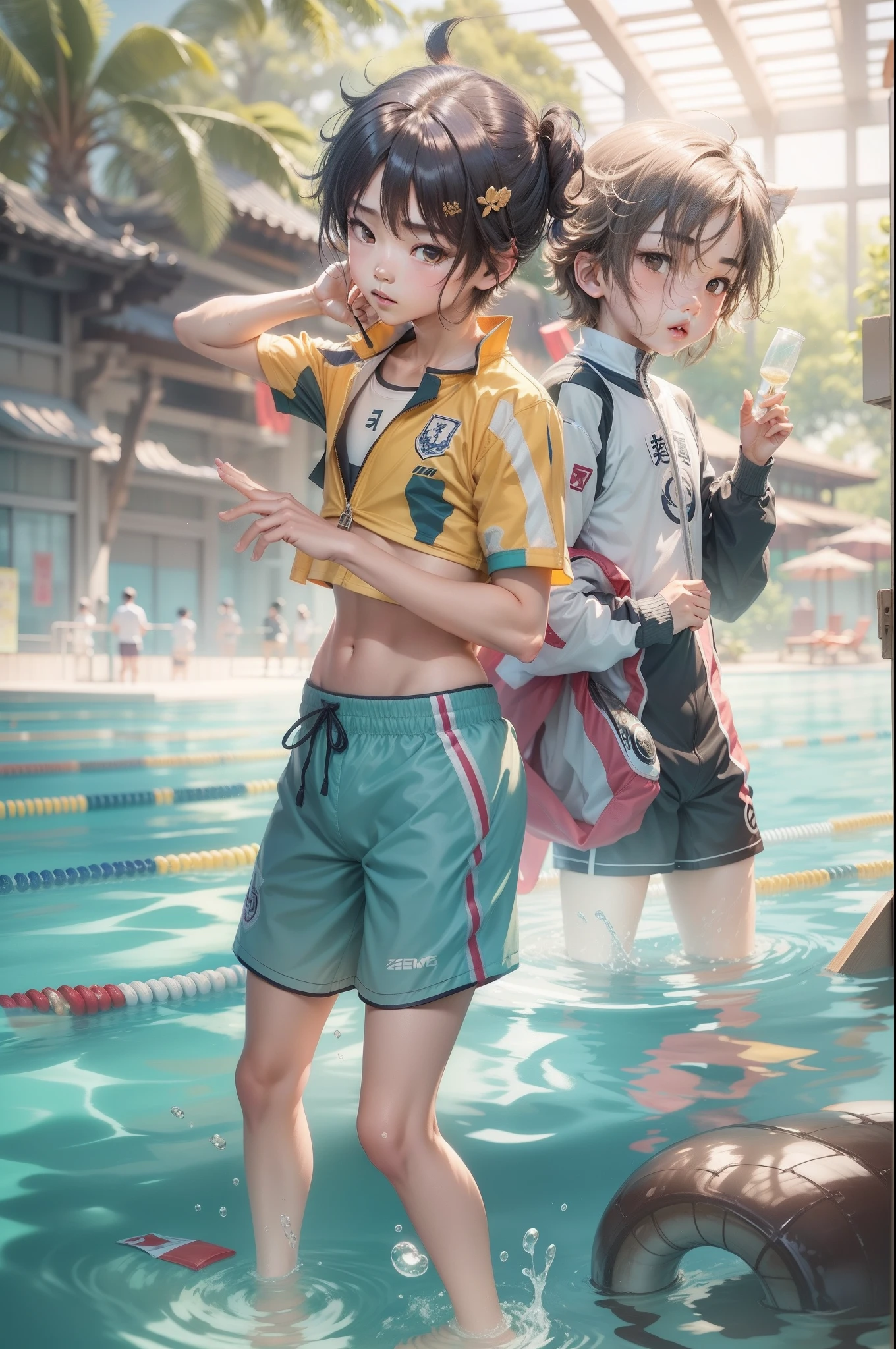 独奏，full bodyesbian，12 year old boy，swimming uniform，Smooth legs