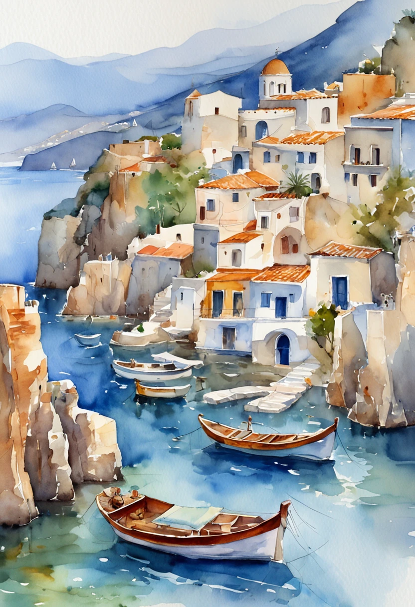 a group of boats floating in the water near a town, mediterranean island scenery, with water and boats, in a mediterranean lanscape, greek fantasy panorama, mediterranean city, greece, mediterranean, boats in the water, greek setting, incredibly beautiful, mediterranean fisher village, view from the sea, santorini, mediterranean vista, beautiful image, small port village, cyprus