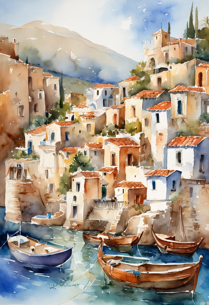 a group of boats floating in the water near a town, mediterranean island scenery, with water and boats, in a mediterranean lanscape, greek fantasy panorama, mediterranean city, greece, mediterranean, boats in the water, greek setting, incredibly beautiful, mediterranean fisher village, view from the sea, santorini, mediterranean vista, beautiful image, small port village, cyprus