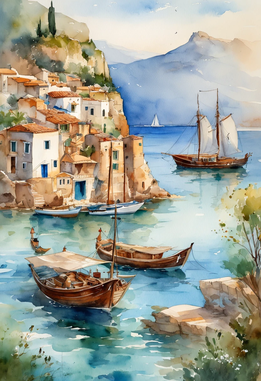 a group of boats floating in the water near a town, mediterranean island scenery, with water and boats, in a mediterranean lanscape, greek fantasy panorama, mediterranean city, greece, mediterranean, boats in the water, greek setting, incredibly beautiful, mediterranean fisher village, view from the sea, santorini, mediterranean vista, beautiful image, small port village, cyprus