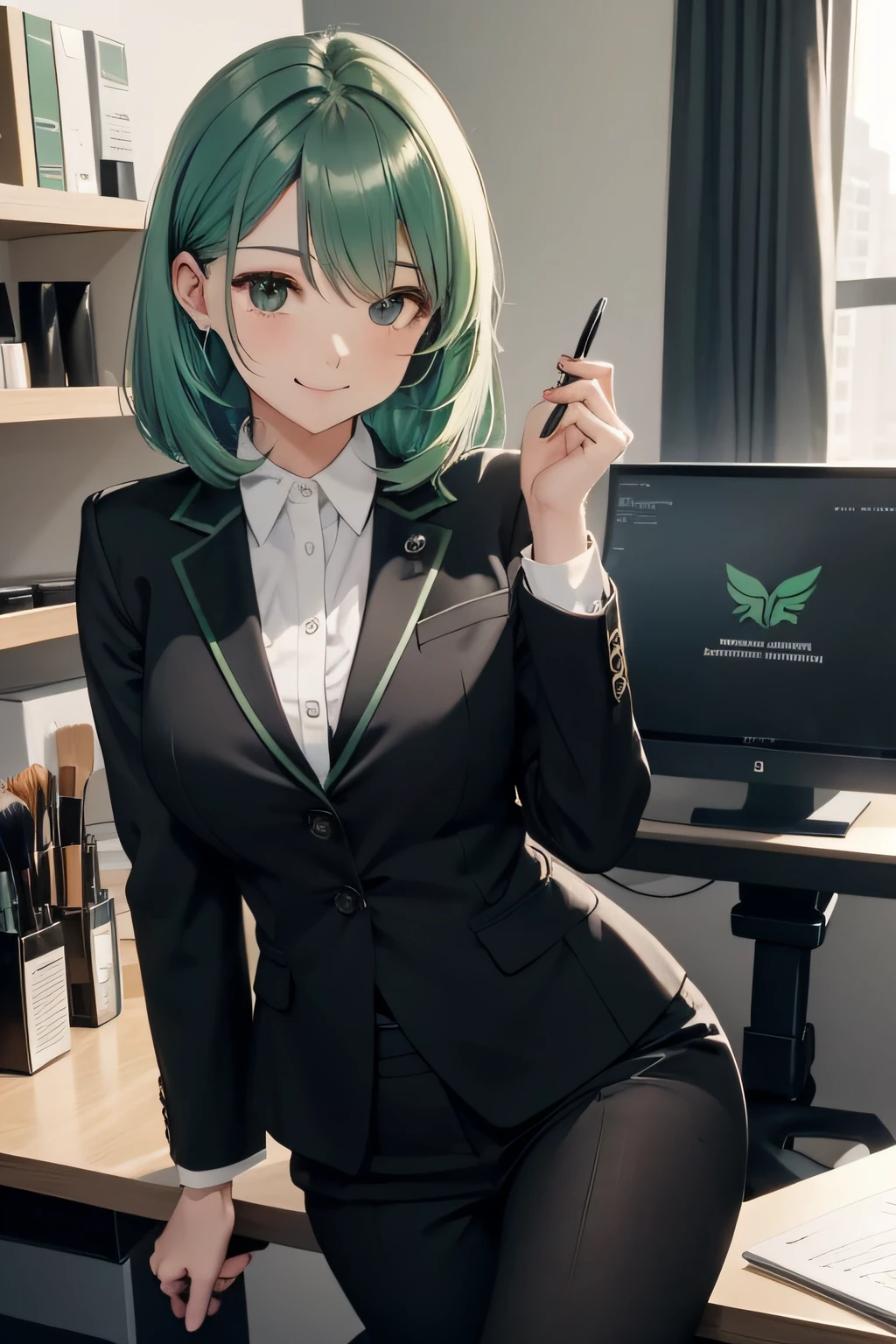 Green hair cosmetics wholesome Black Suit femele a secretary a smile