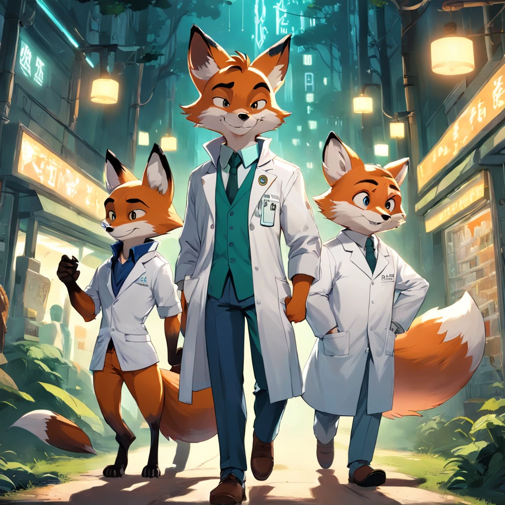 There is a cartoon fox in casual clothes walking proudly in the forest，The fox is followed by a tiger, anthropomorphic fox, anthropomorphic tiger, fox in a lab coat, Anthropomorphic fox, stern looking fox in a lab coat, foxish guy in a lab coat, Nick Wilde, Zootopia, Fox's den, Fox scientist, an anthropomorphic cyberpunk fox, Nick Wilde, Fox section, Rabbit Peter's Rapo, beatrix potter